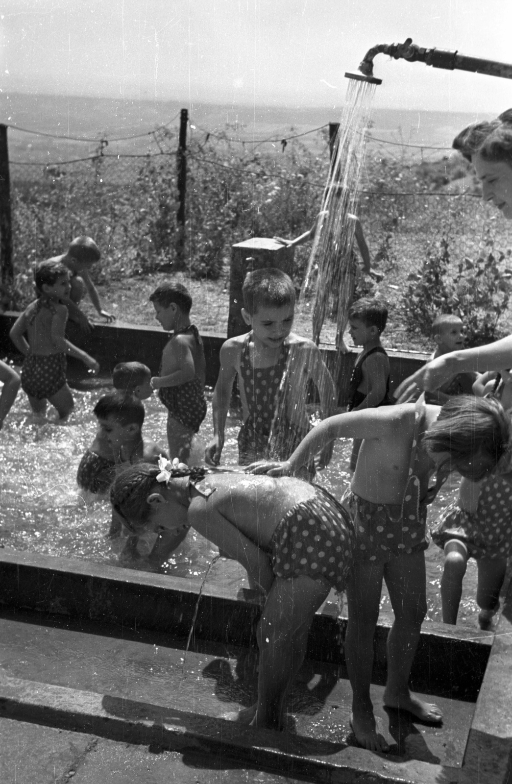 1951, Hámori Gyula, kids, nursery, shower, splashing, Fortepan #123306