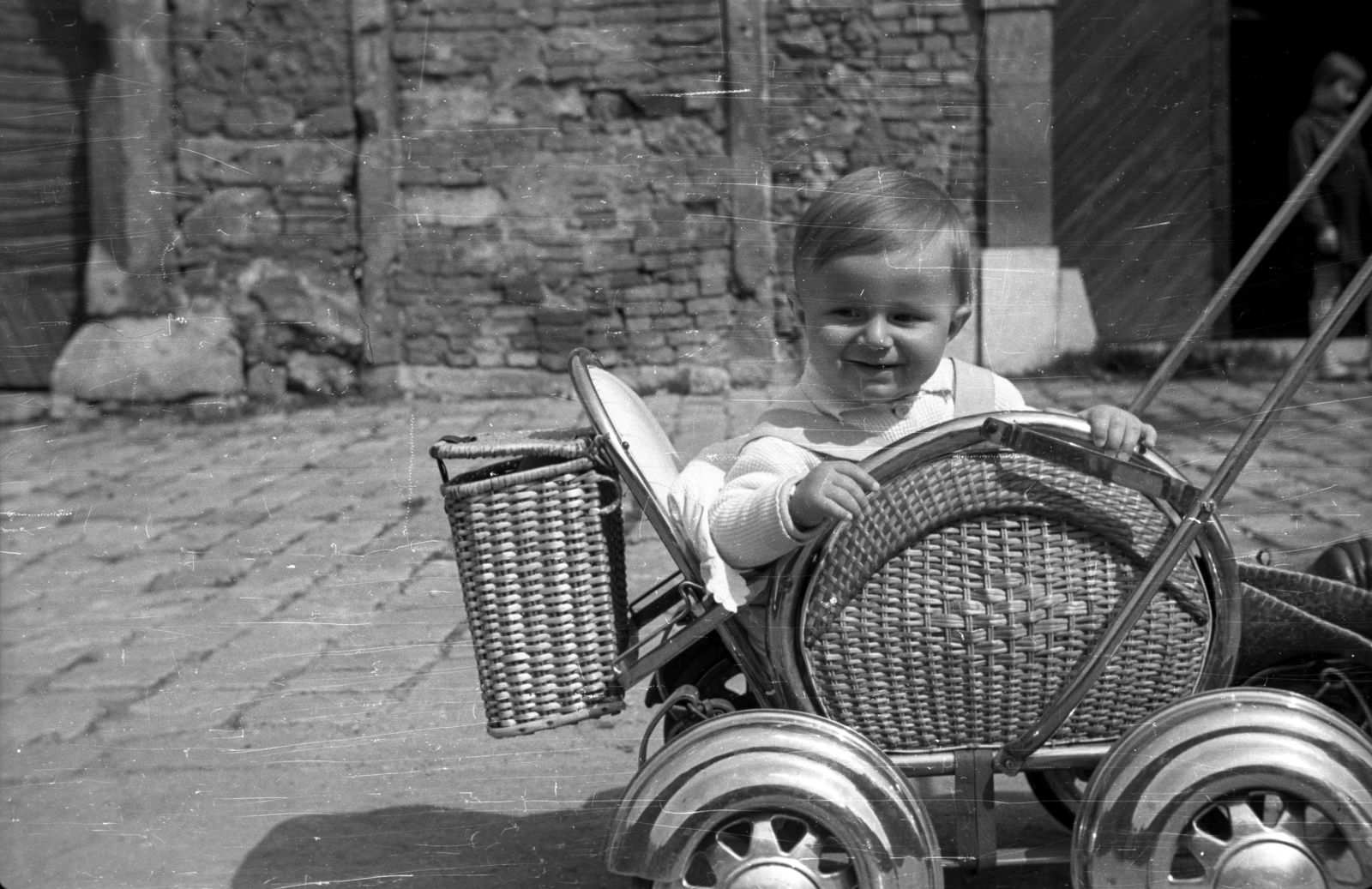 1955, Szepesfalvy Gábor, kid, wickerwork, baby carriage, Fortepan #123866