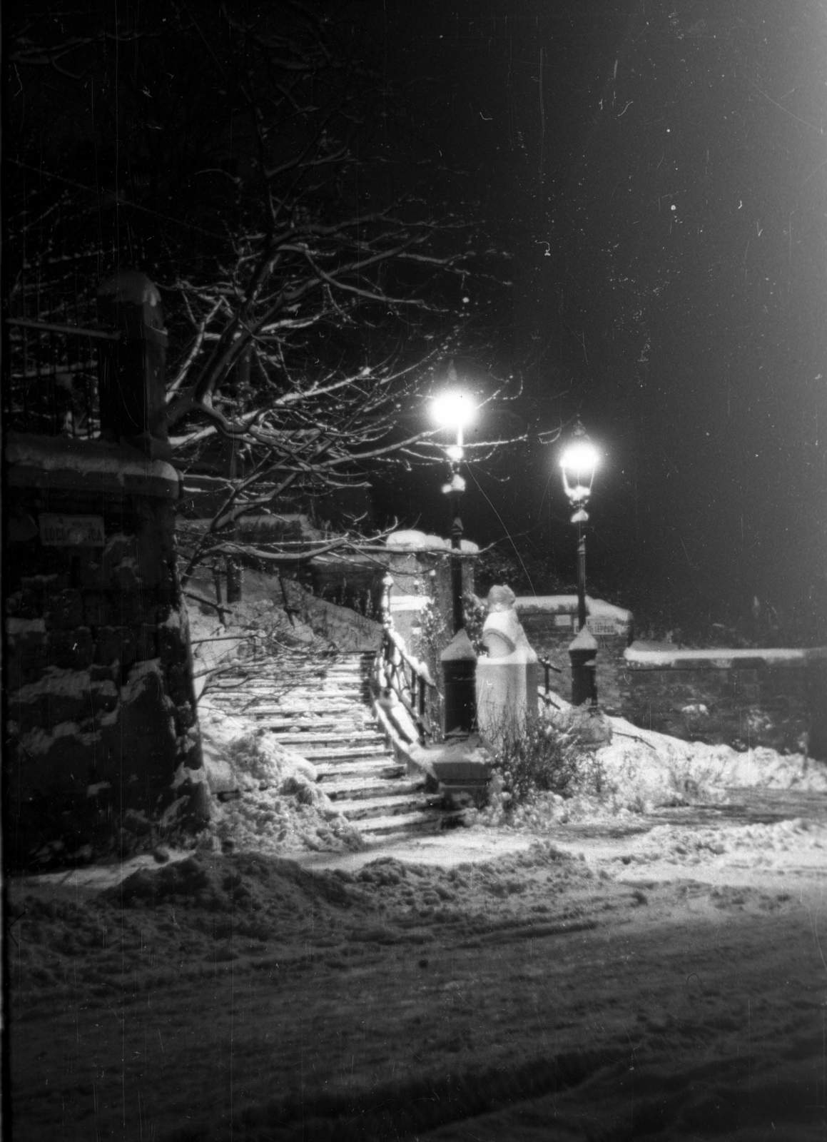 Hungary, Budapest I., Logodi utca, a Gránit lépcsőnél P. Szathmáry Károly mellszobra (R. Kaisler Károly, 1931.)., 1955, Szepesfalvy Gábor, Budapest, flight of stairs, snow, gas lamp, night, Fortepan #123891