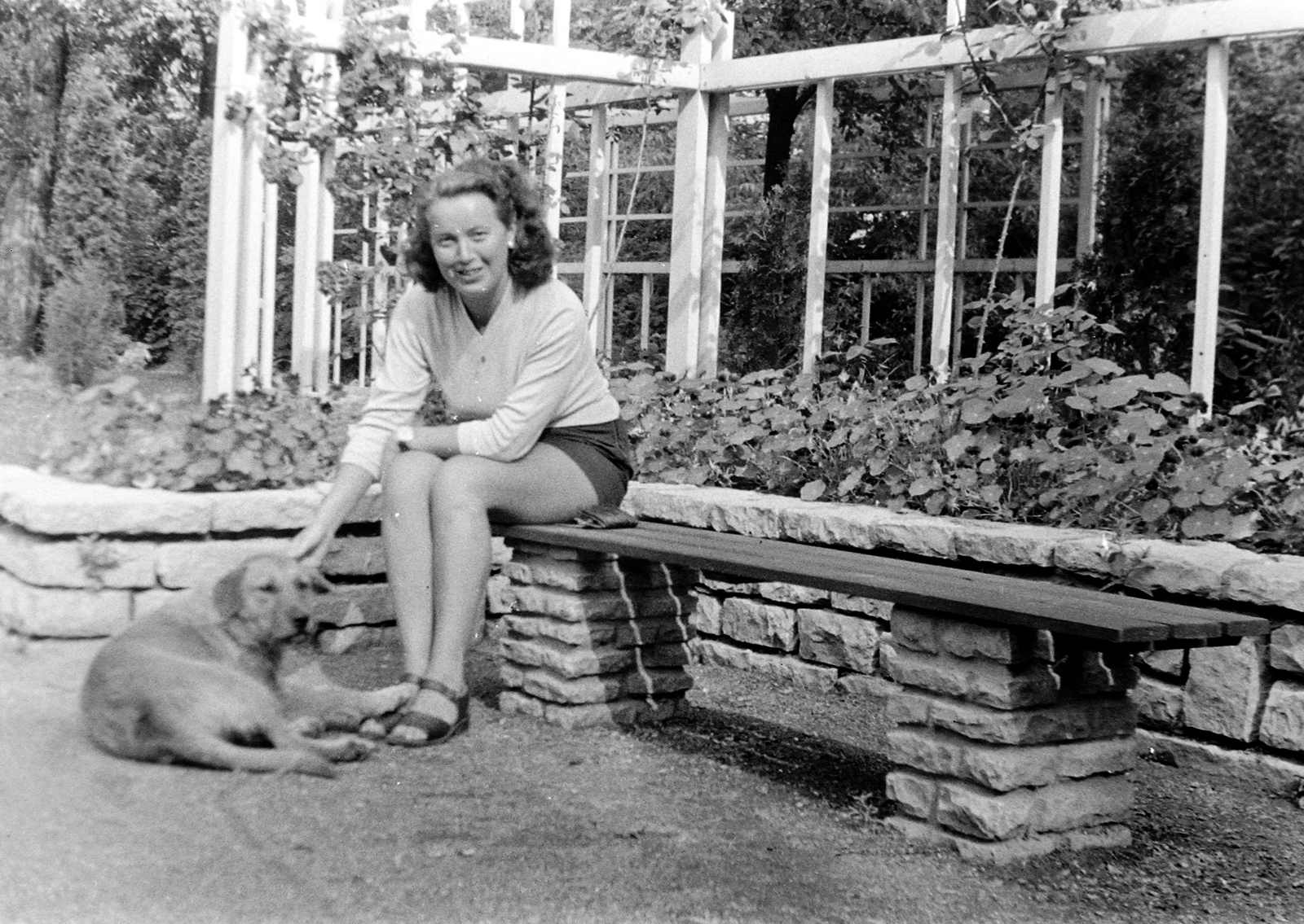 1954, Szent-tamási Mihály, portrait, dog, lady, sandal, Fortepan #12394