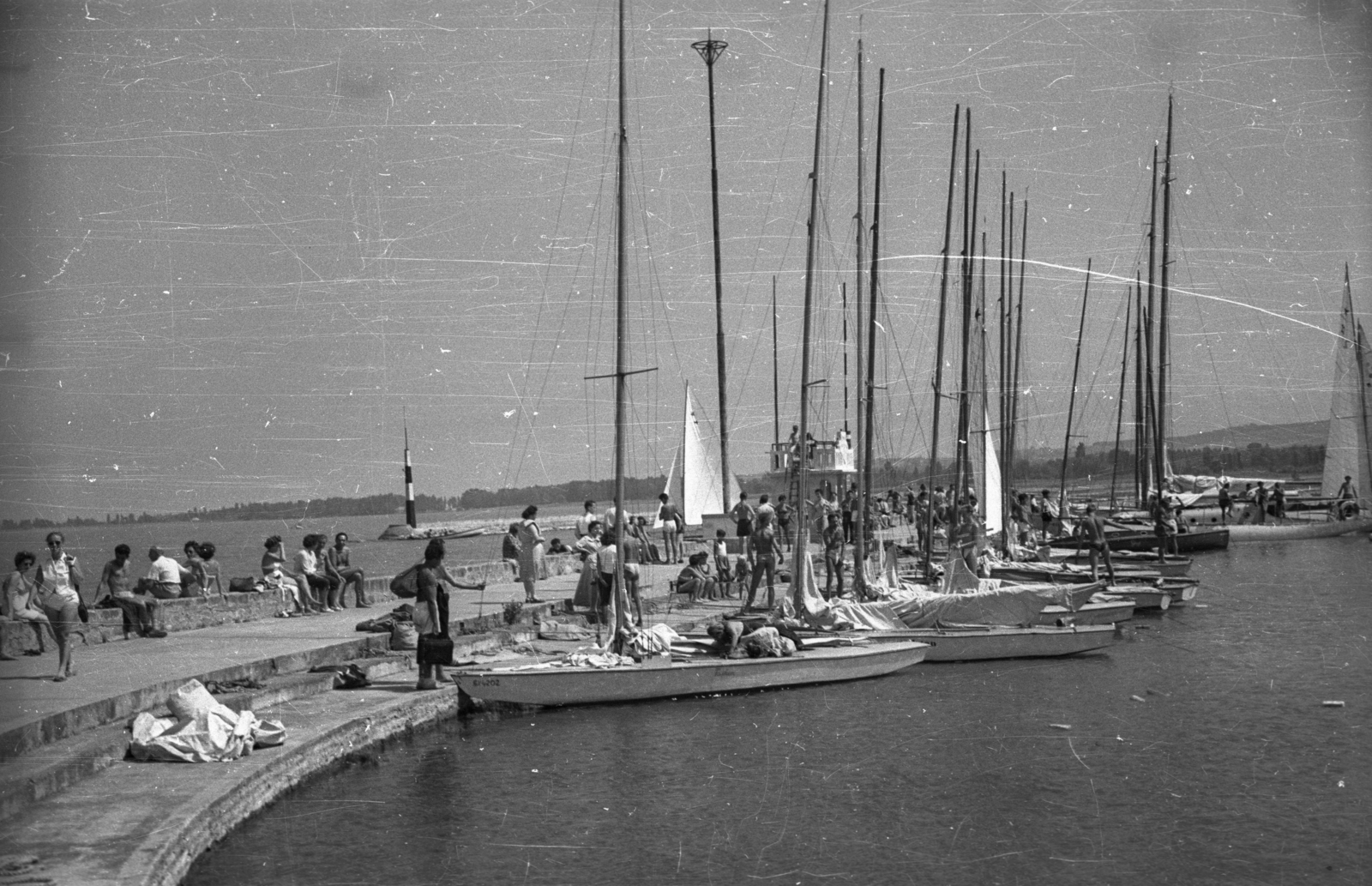 Hungary, Balatonföldvár, móló., 1958, Ember Károly, sailboat, Lake Balaton, Fortepan #123988