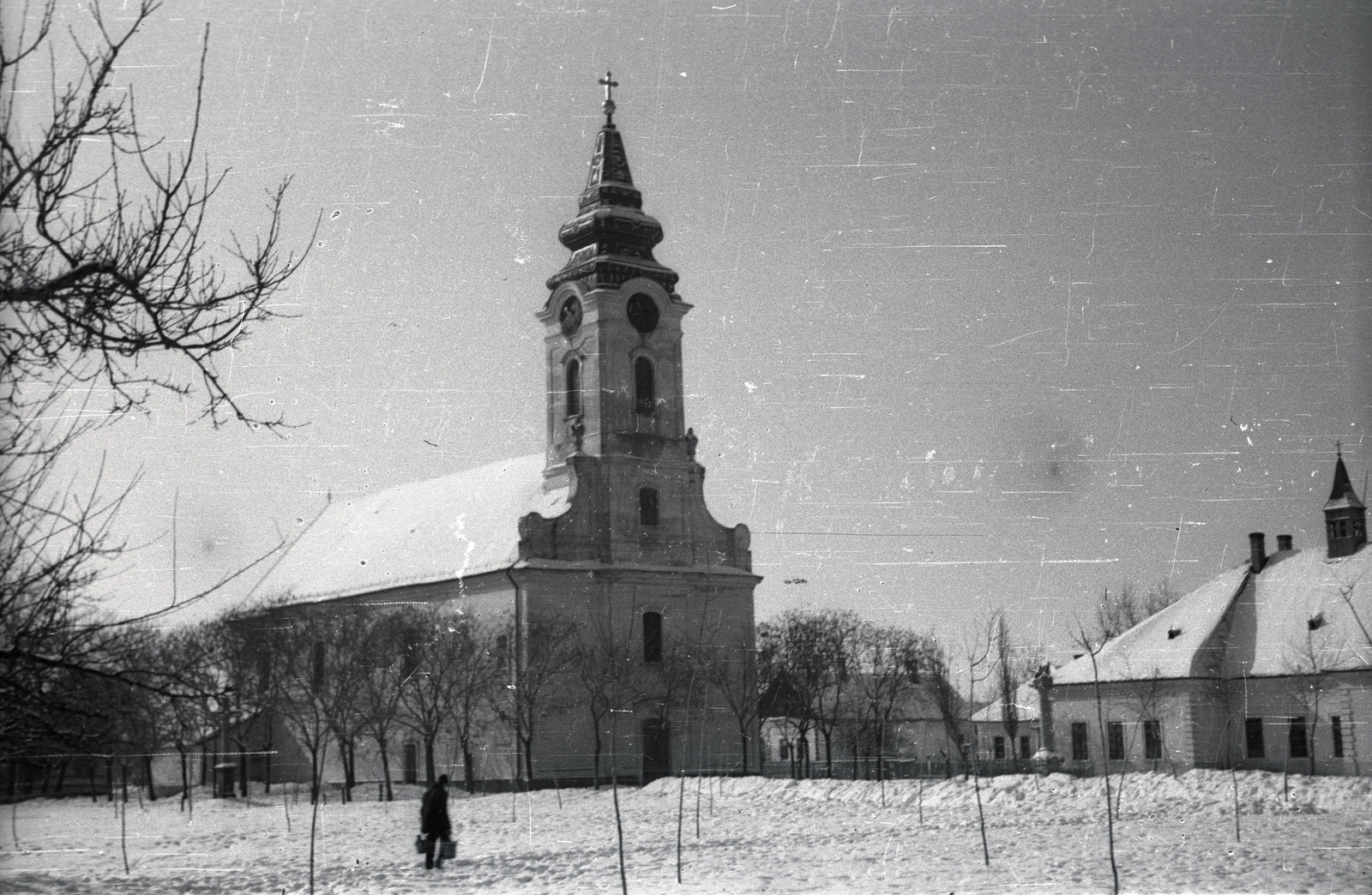 Hungary, Jászdózsa, Szent Mihály-templom., 1940, Lenkey Márton, winter, church, snow, Fortepan #124047