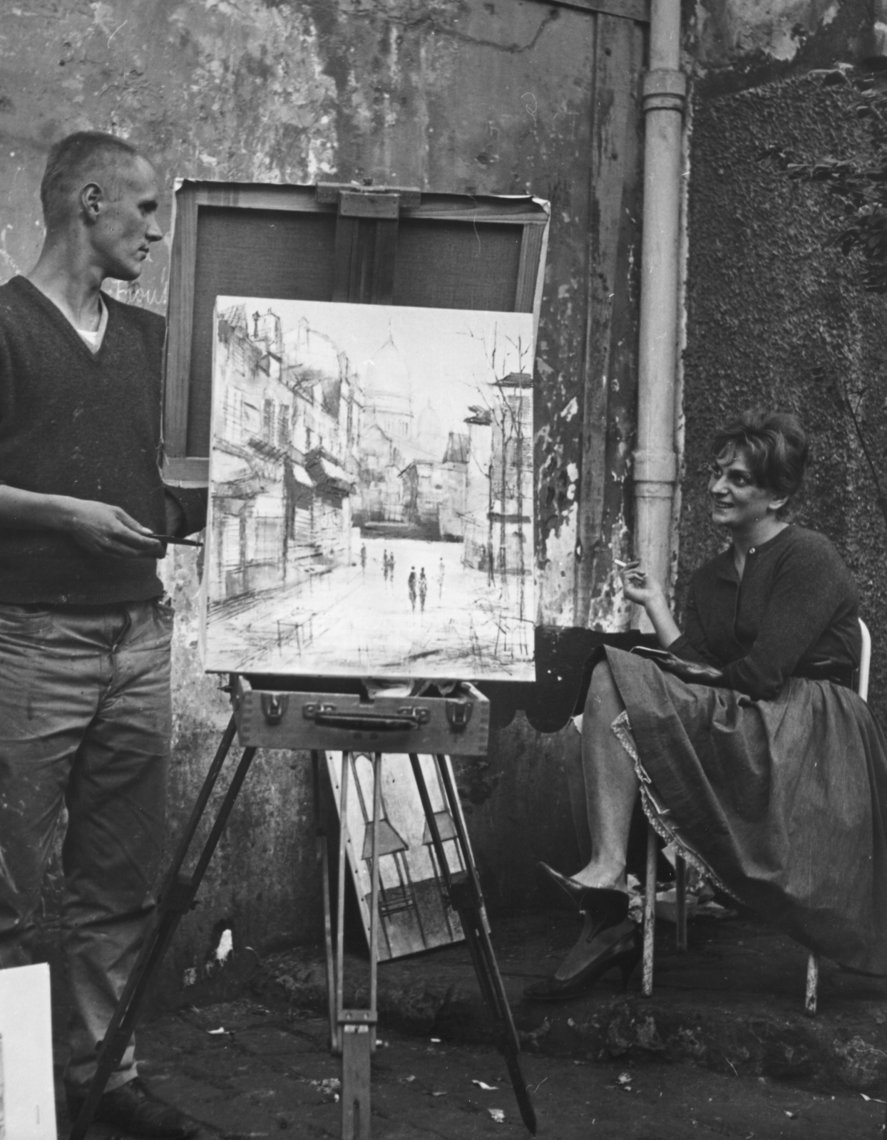 France, Paris, Montmartre, Place du Tertre., 1959, Aradi Péter, Szenczi Mária, painter, easel, Best of, Fortepan #124129