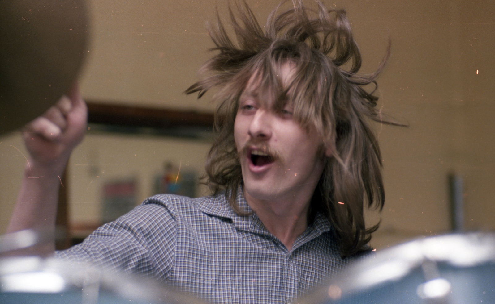 Hungary, Németh Gábor dobos., 1981, Urbán Tamás, colorful, drummer, long-haired, Fortepan #124228