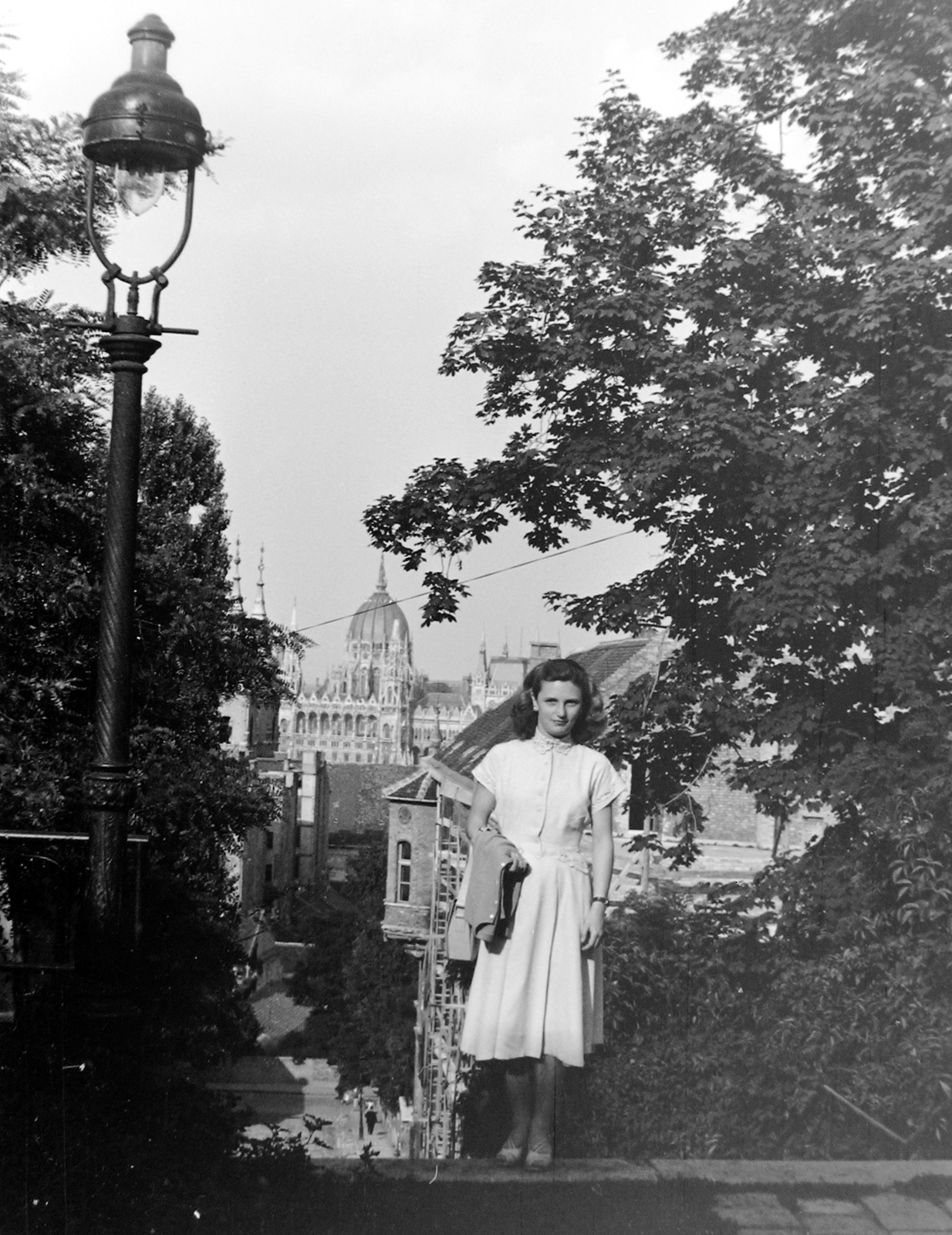 Magyarország, Víziváros, Budapest I., Ilona lépcső a Hunfalvy utcánál. Háttérben a Franklin utca - Toldy Ferenc uca sarka., 1955, Szent-tamási Mihály, Budapest, hajviselet, hölgy, gázlámpa, nyári ruha, Fortepan #12433