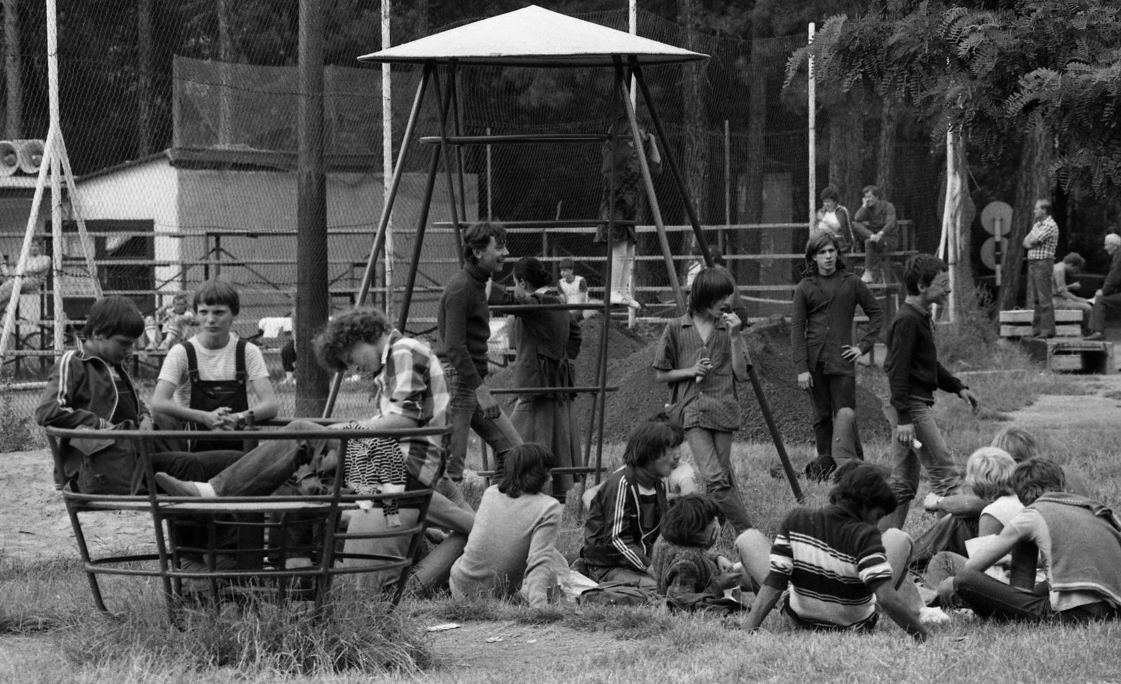 Hungary,Lake Balaton, Siófok, az Omega - LGT - Beatrice közös koncertjére várakozók, csövezők., 1980, Urbán Tamás, playground, punk, monkey bar, Fortepan #125347