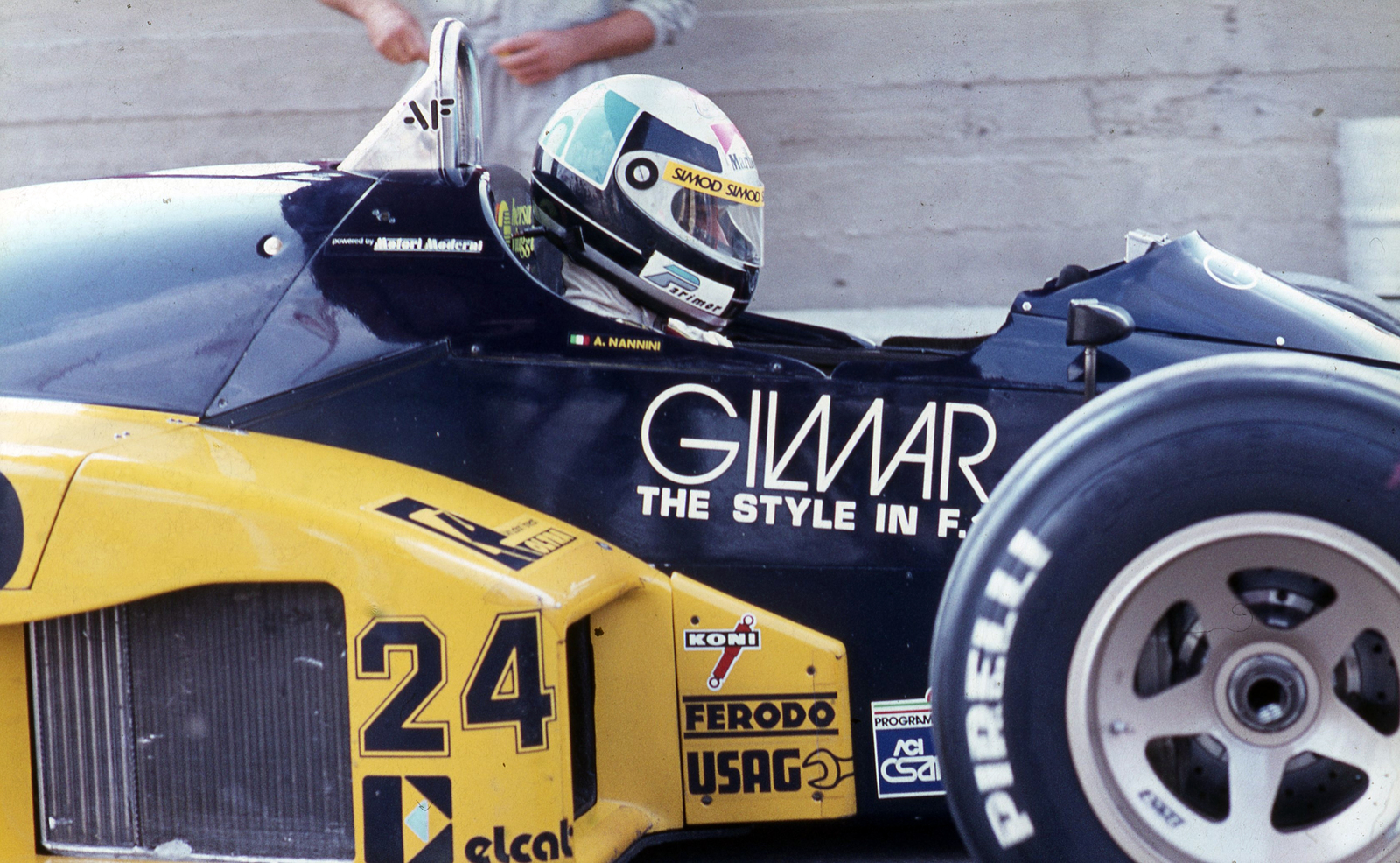 Hungary, Hungaroring, Mogyoród, Formula-1 első magyar nagydíj, Alessandro Nannini, a Minardi-Motori Moderni csapat versenyzője., 1986, Urbán Tamás, colorful, Pirelli-brand, Formula-1, Fortepan #125473
