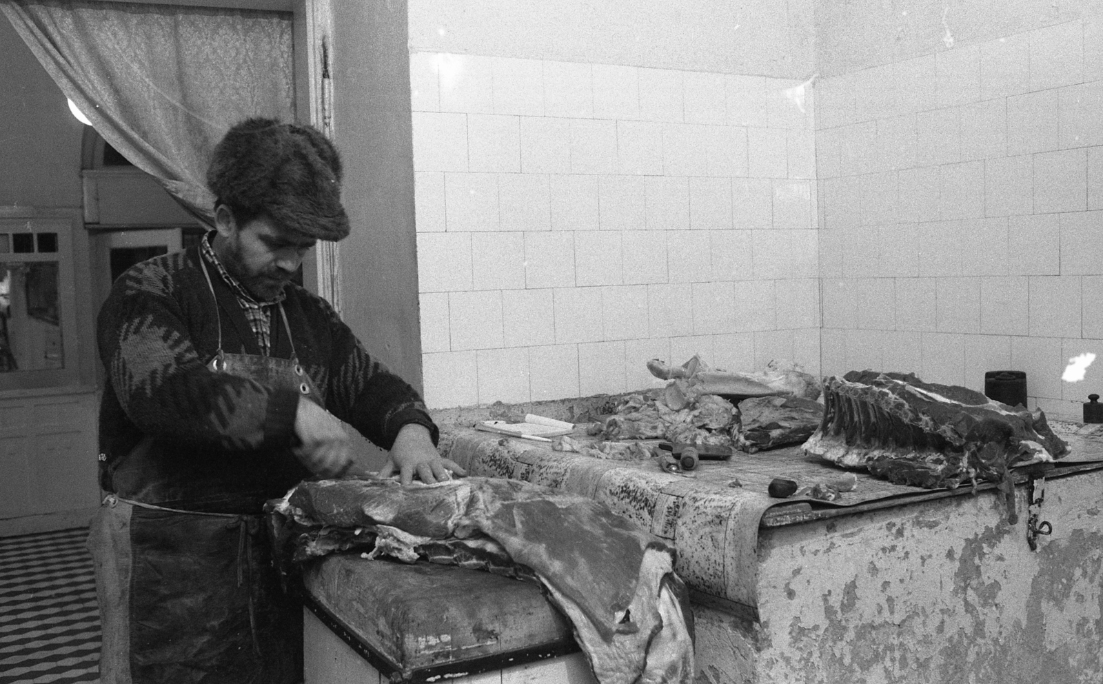 1990, Urbán Tamás, hentes, sakter, Fortepan #125636