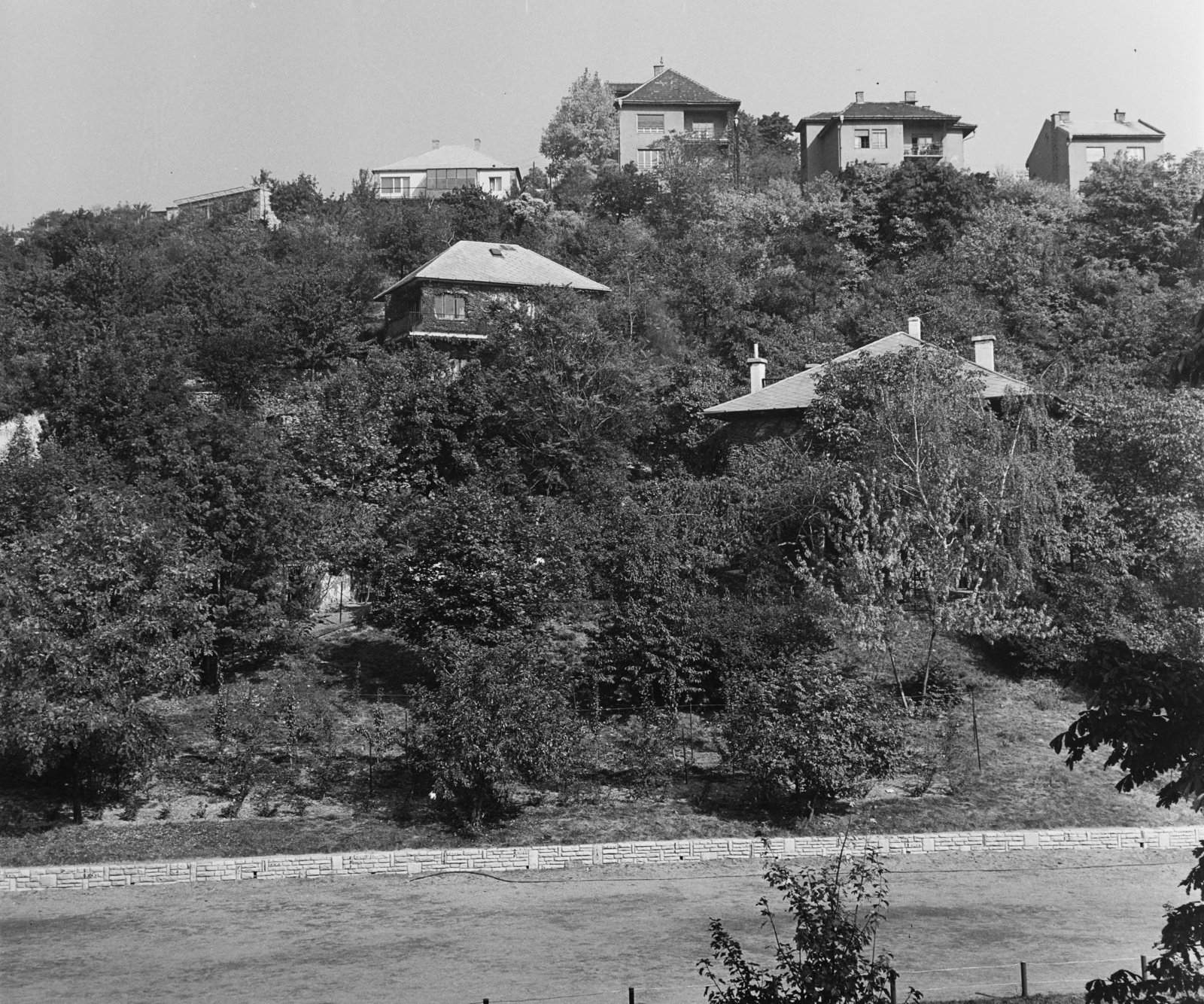 Hungary, Budapest II., Pasaréti út 191-193., az Általános Iskola (később Szabó Lőrinc Kéttannyelvű Általános Iskola és Gimnázium) udvara, fent a Csalán utca házai., 1968, Bauer Sándor, Budapest, Fortepan #126233