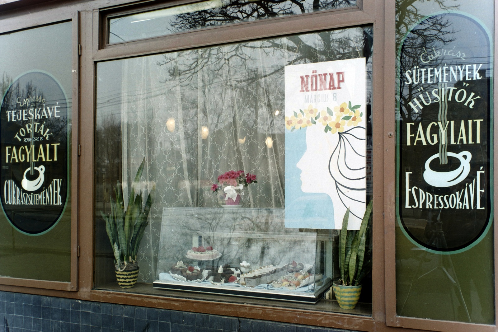 Magyarország, Budapest XIX., Üllői út 269. (Vöröshadsereg útja 117.), az eszpresszó kirakata., 1970, Bauer Sándor, színes, kirakat, hűtőpult, nőnap, Budapest, Fortepan #126288