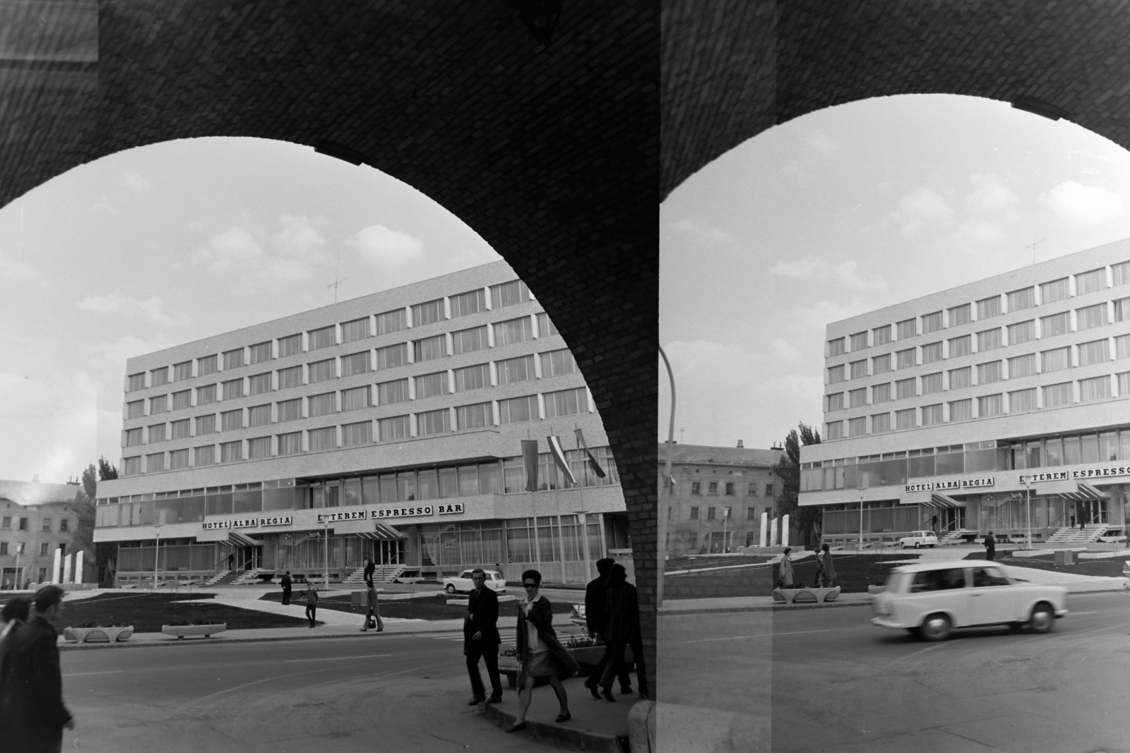 Hungary, Székesfehérvár, Hotel Alba Regia a Romkert bejáratától nézve., 1972, Bauer Sándor, Lajos Skoda-design, Fortepan #126695