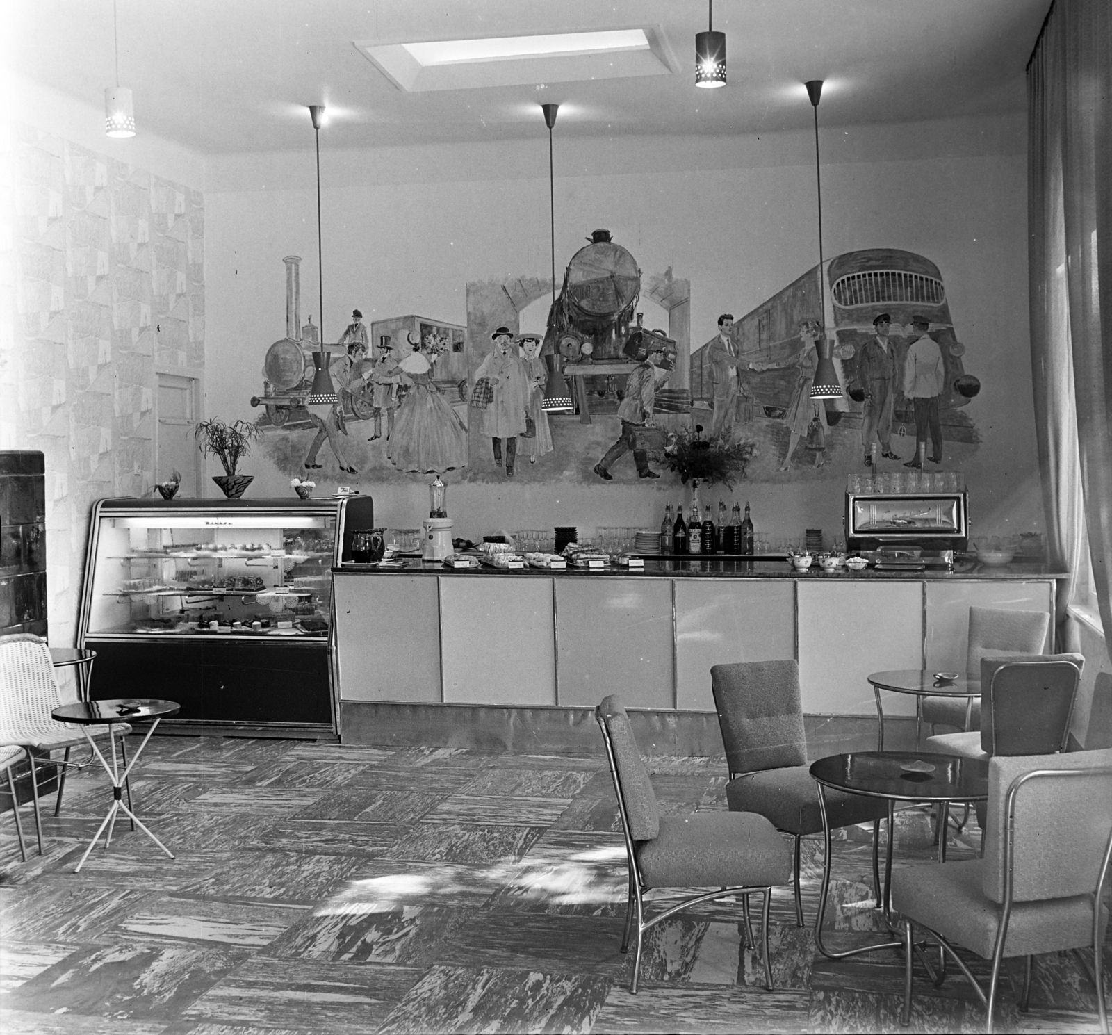 1958, Bauer Sándor, railway, espresso, coffee machine, photo aspect ratio: square, decoration, wall painting, Fortepan #126786