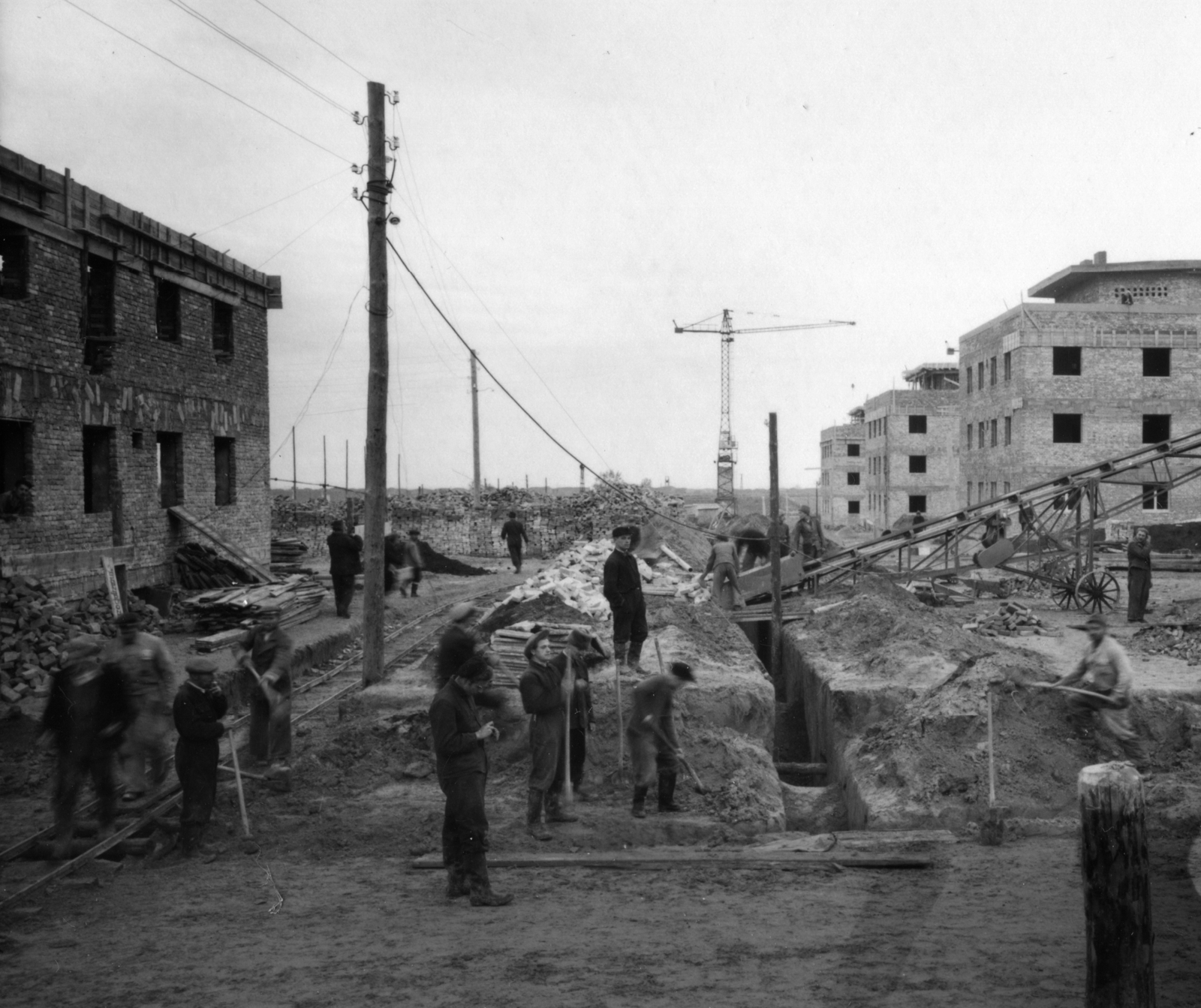 Hungary, Dunaújváros, (Dunapentele), Építők útja - Május 1. utca közötti házak építése., 1950, Bauer Sándor, construction, crane, conveyor belt, Fortepan #126933