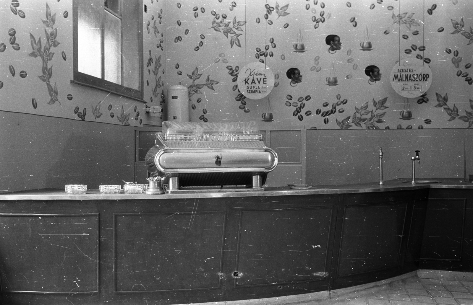 1963, Bauer Sándor, coffee machine, african-american, wall painting, Fortepan #126999