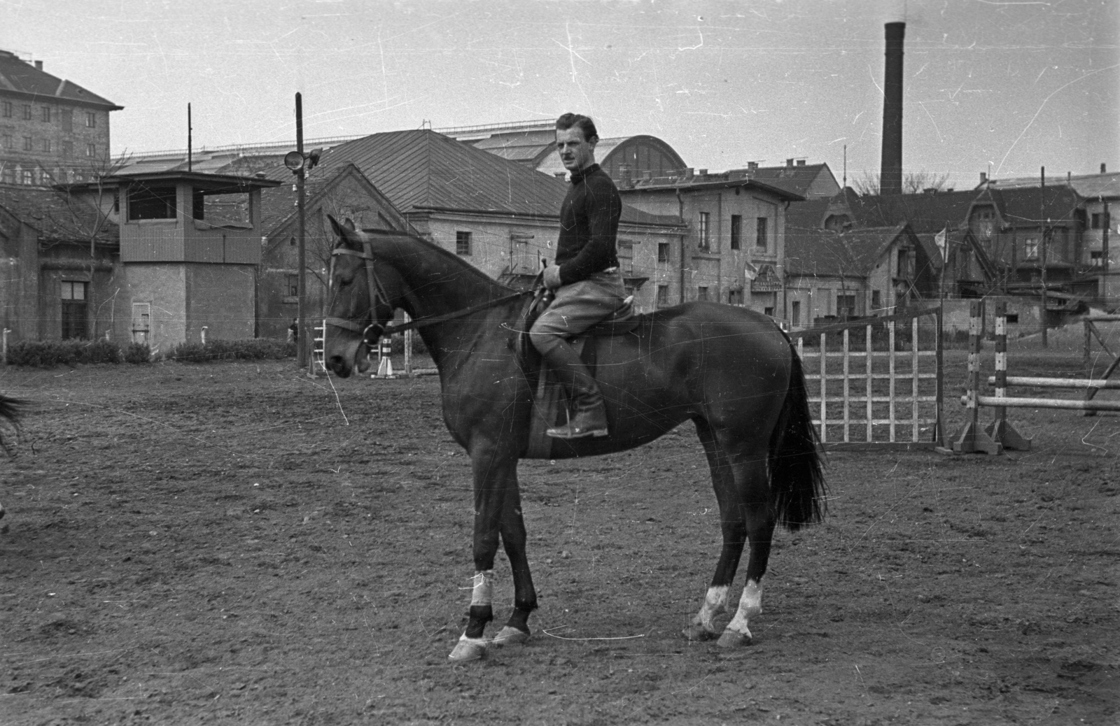 Magyarország, Budapest VIII., Kerepesi út 7., Nemzeti Lovarda (Tattersall). A háttérben a Keleti pályaudvar csarnoka látszik., 1954, Bauer Sándor, ló, Budapest, Fortepan #127681