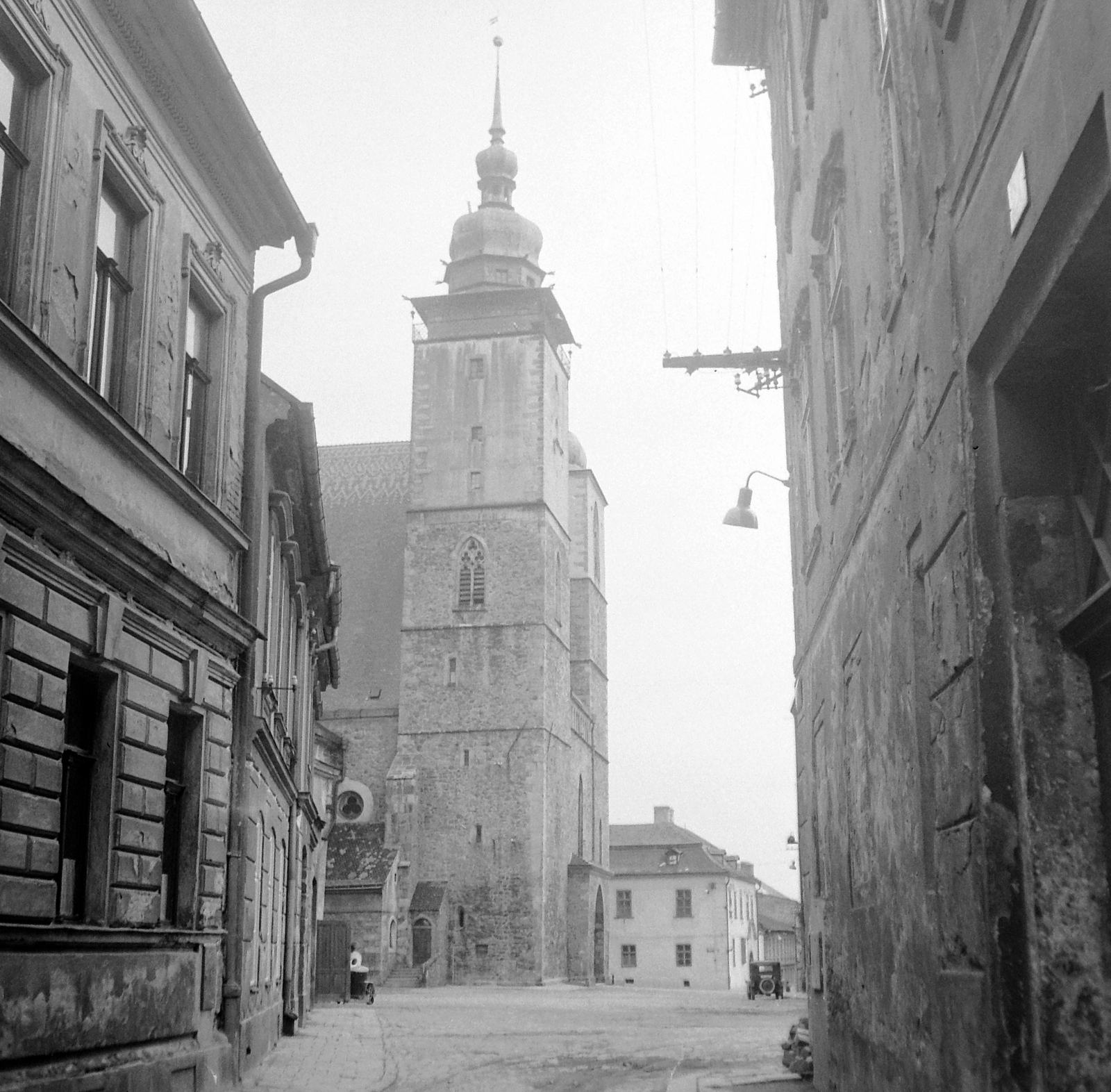 Csehország, Jihlava, Szent Jakab templom., 1958, Gyöngyi, Csehszlovákia, templom, utcakép, Fortepan #12778