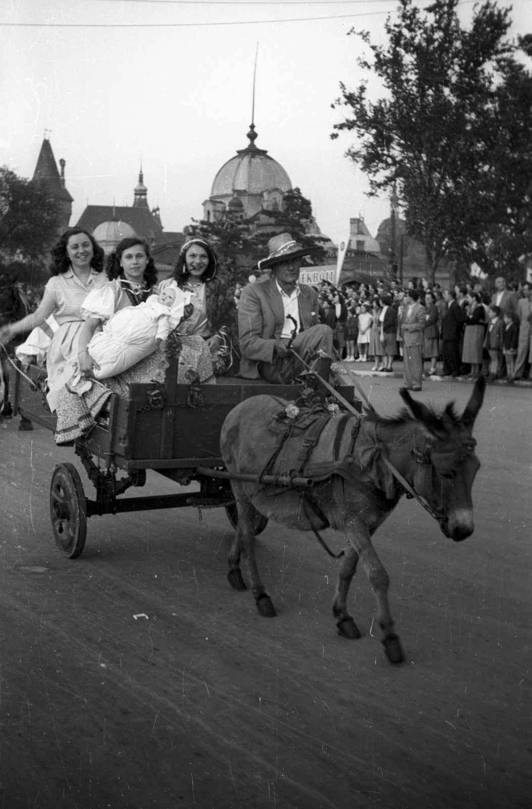 Magyarország, Budapest XIV., Hősök tere, a Dolgozó Ifjúság Szövetsége (DISZ) béketalálkozóját megnyitó karnevál résztvevői, háttérben a Műjégpálya épülete és a Vajdahunyad vára., 1954, Bauer Sándor, Budapest, jelmez, tréfálkozás, bámészkodás, kordé, szamár, Fortepan #127796