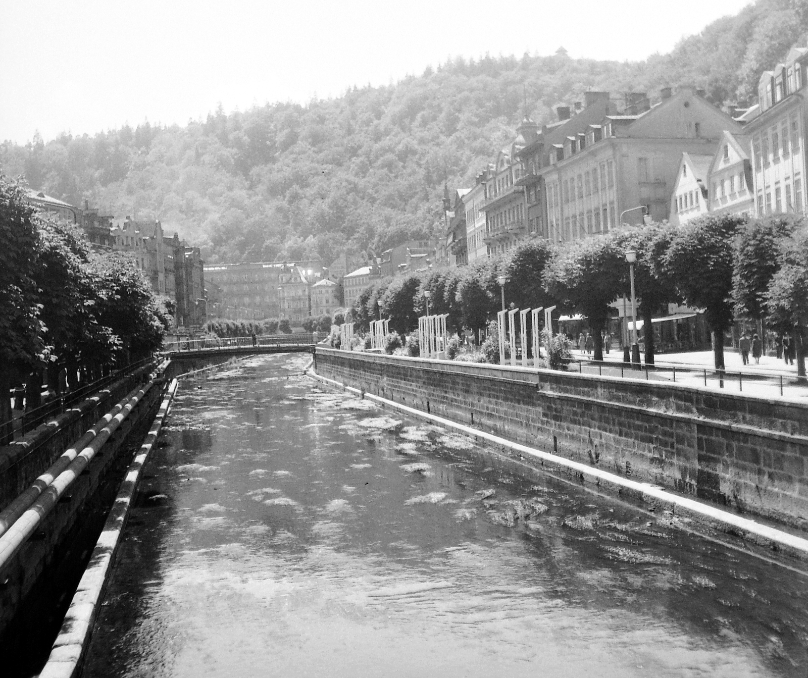 Czech Republik, Karlovy Vary, a Teplá folyó és jobbra a Stara Louka (Alte Wiese)., 1958, Gyöngyi, Czechoslovakia, river, health resort, Fortepan #12787