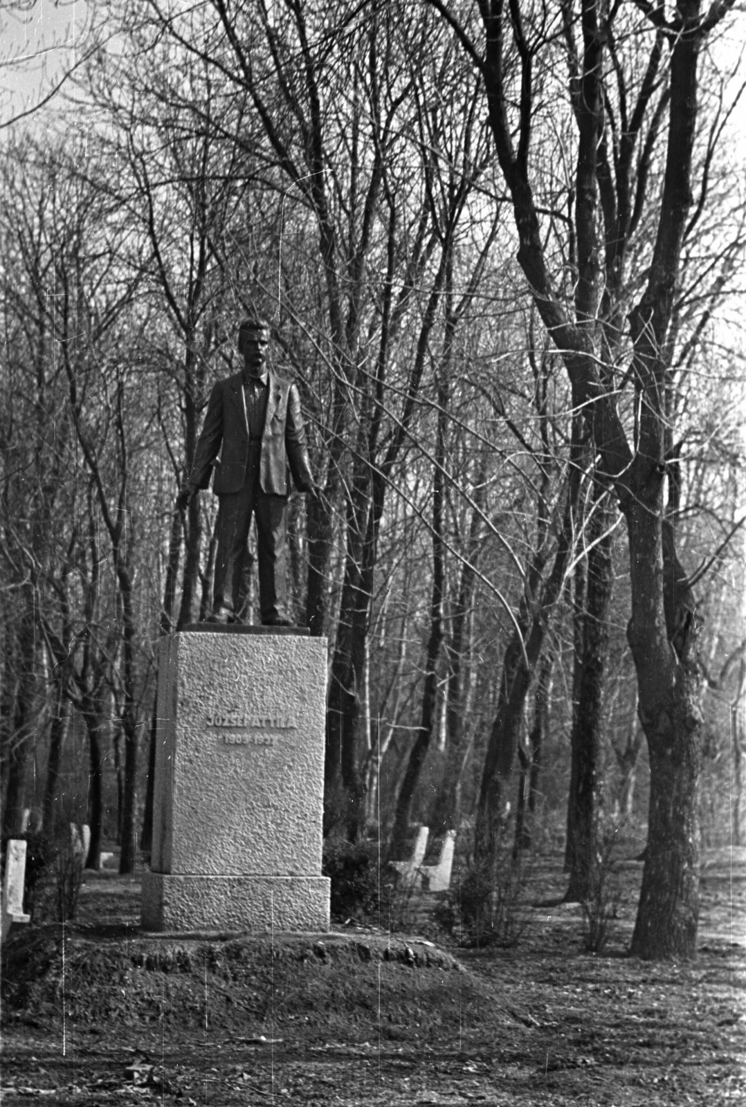 Hungary, Balatonszárszó, park a vasútállomás mögött, József Attila szobra (Tar István, 1952.)., 1957, Bauer Sándor, sculpture, Attila József-portrayal, Fortepan #128029