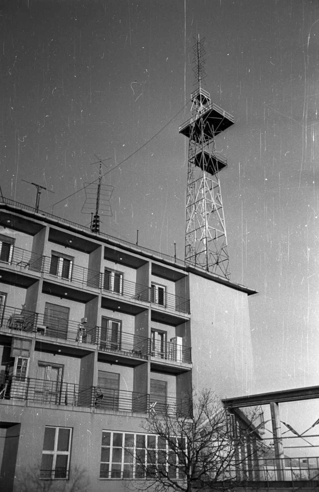Magyarország, Széchenyihegy, Budapest XII., Agancs út 30-32., a lakóházzá átalakított Hargita panzió, benne a TV kísérleti adásának stúdiója. Az épület tetején az első 100 W-os adó, mögötte az 1956-58 között üzemelő 1 kW-os adótorony., 1956, Bauer Sándor, tévétorony, Budapest, adóállomás, Fortepan #128230