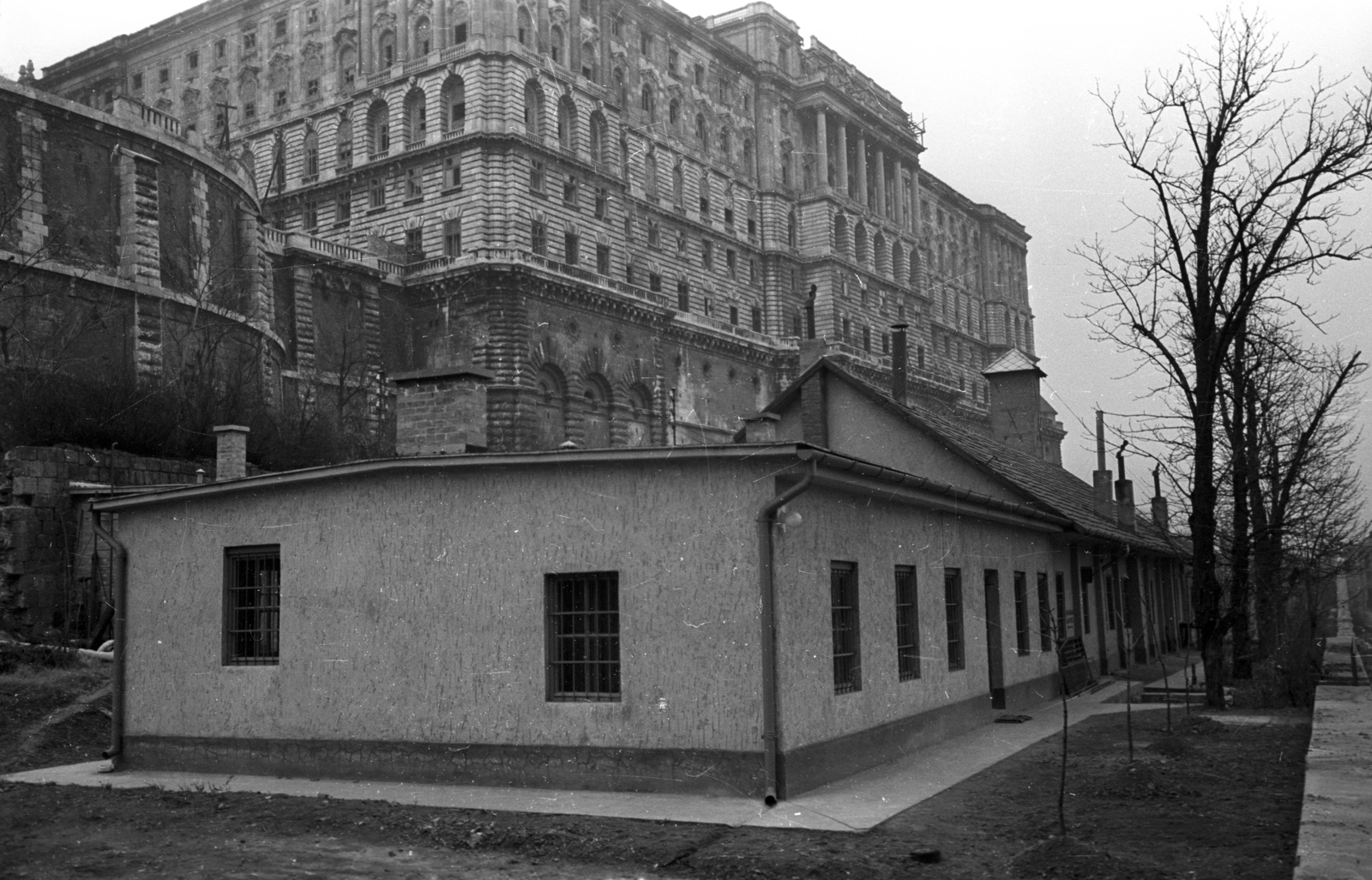 Magyarország, Budapest I., Váralja utca 16. a Dózsa György tér felé nézve, fenn a Királyi Palota (később Budavári Palota)., 1956, Bauer Sándor, Budapest, épület, várfal, Fortepan #128267