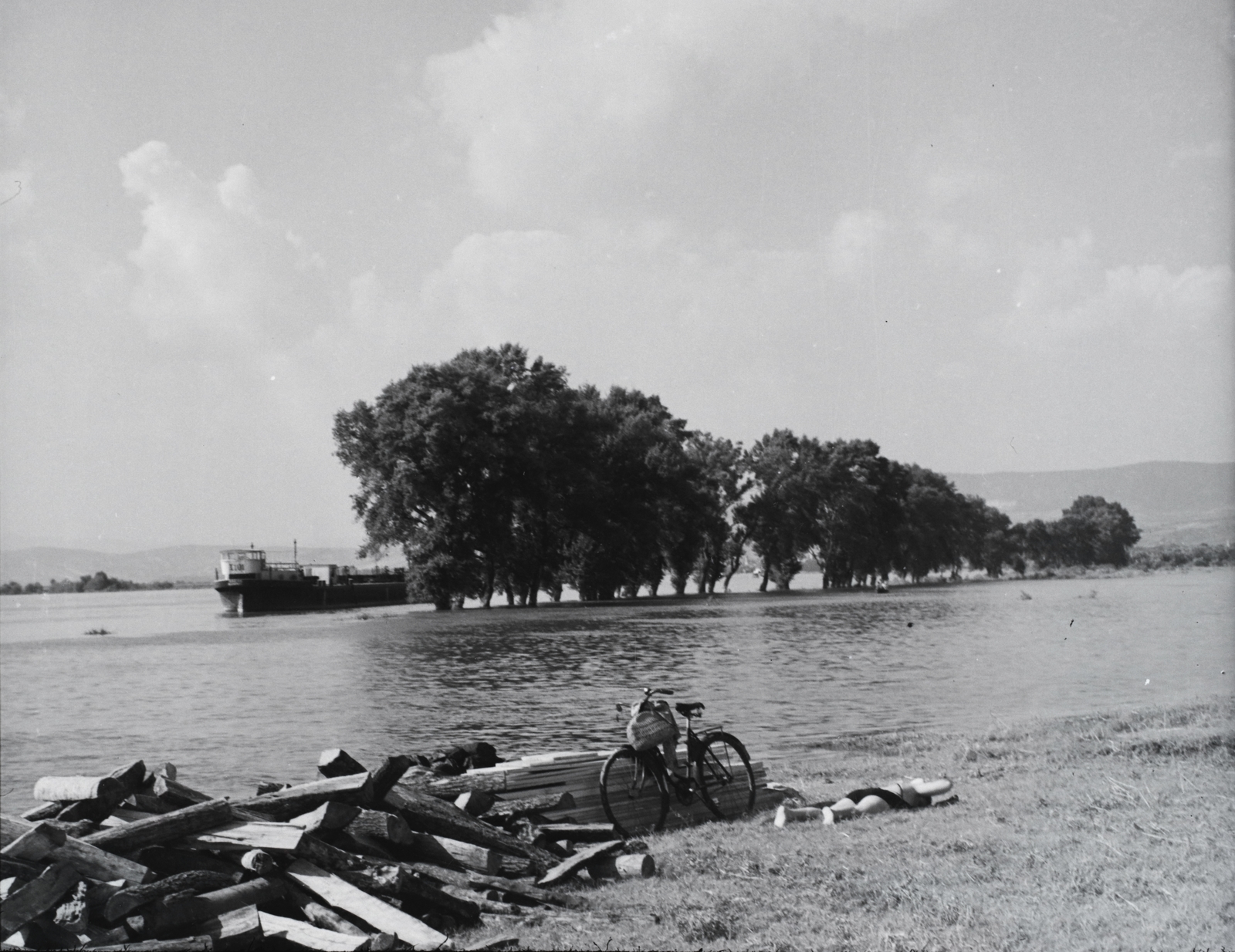 Hungary, Sződliget, Duna-part., 1941, Gali, bicycle, ship, shore, Fortepan #128884