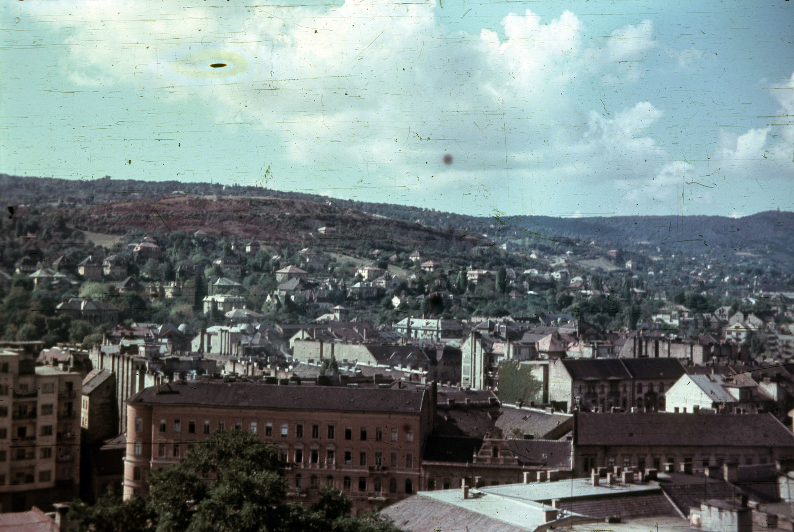 Hungary, Budapest I., kilátás a Esztergomi rondelláról a Kis-Sváb-hegy (Martinovics-hegy) felé, előtérben kimagaslik a Hajnóczy József (Bors) utca - Krisztina körút sarkán álló ház., 1955, Heinzely Béla, colorful, Budapest, Fortepan #129213