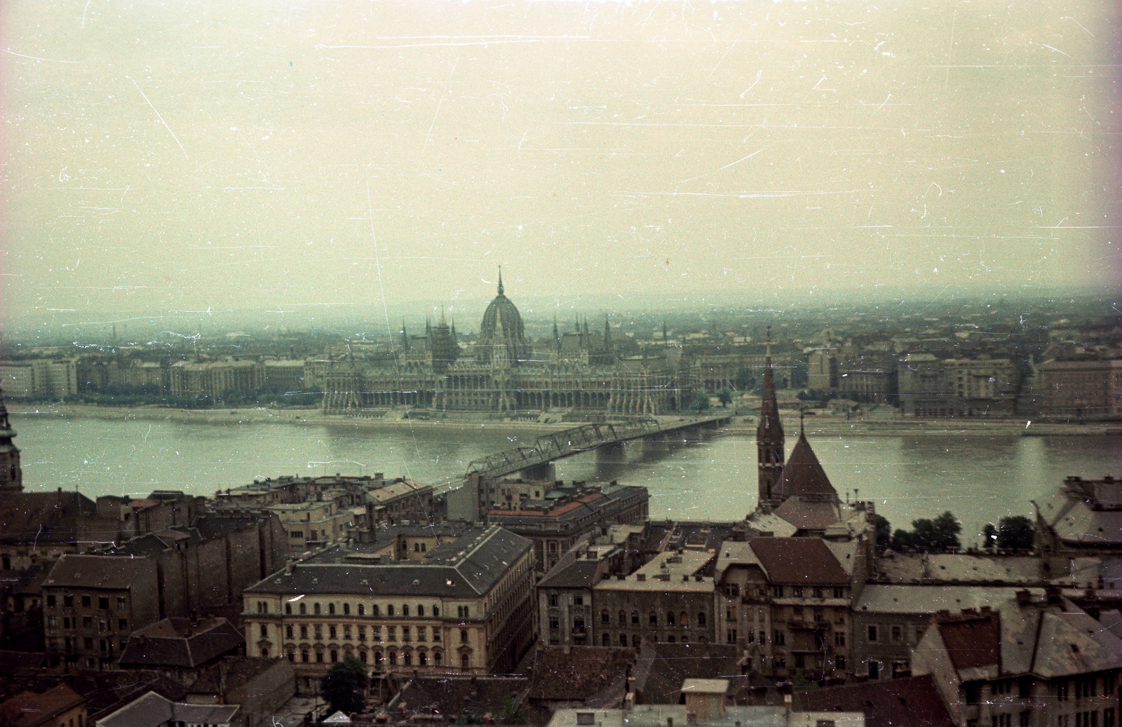 Hungary, Budapest I., kilátás Halászbástyáról a Kossuth híd és a Parlament felé., 1957, Horváth Miklós dr, colorful, picture, parliament, Budapest, Fortepan #129330