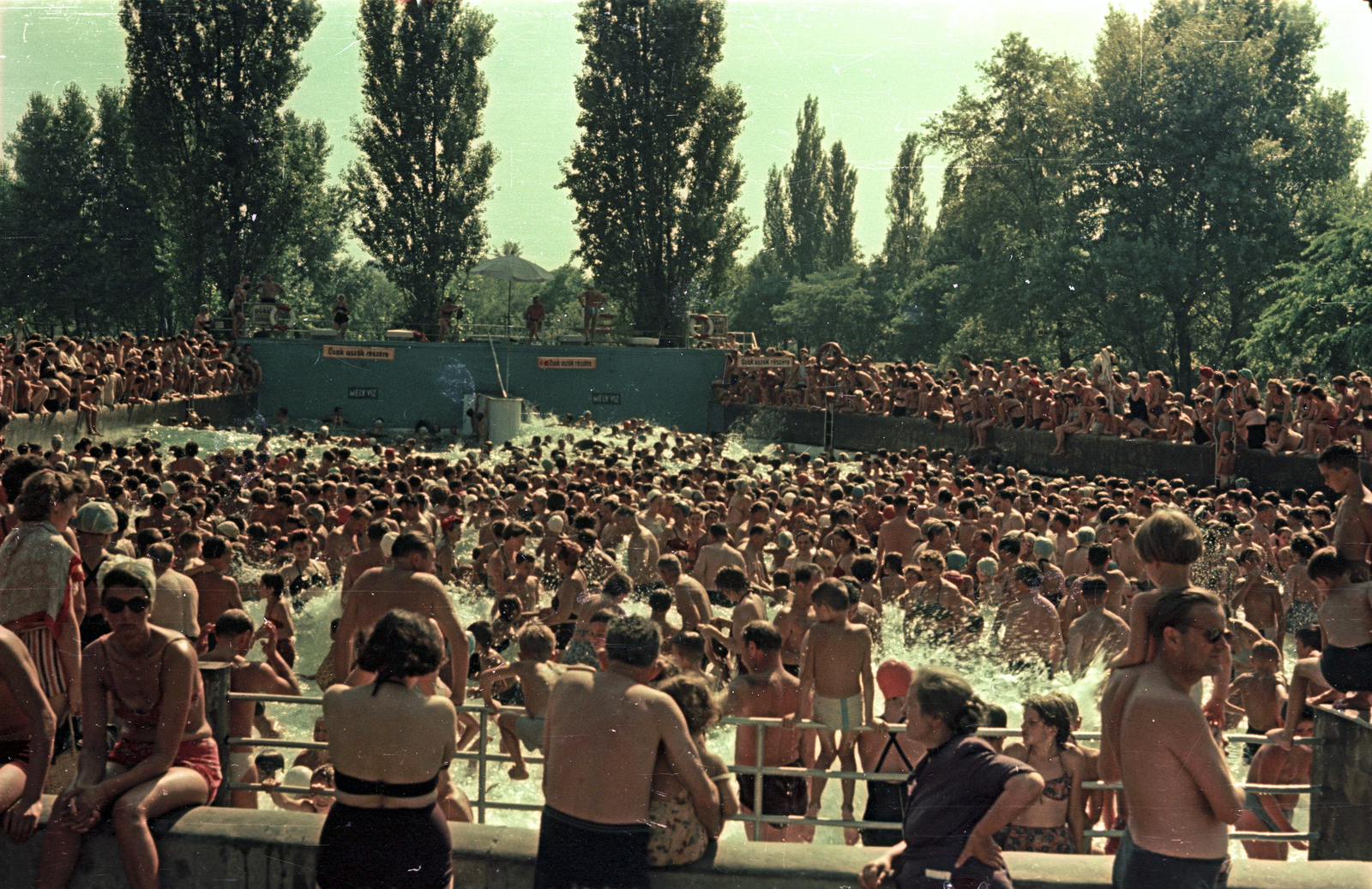 Hungary, Margit Islands, Budapest, Palatinus Strandfürdő., 1953, Horváth Miklós dr, wave pool, bathing suit, colorful, mass, genre painting, Fortepan #129406