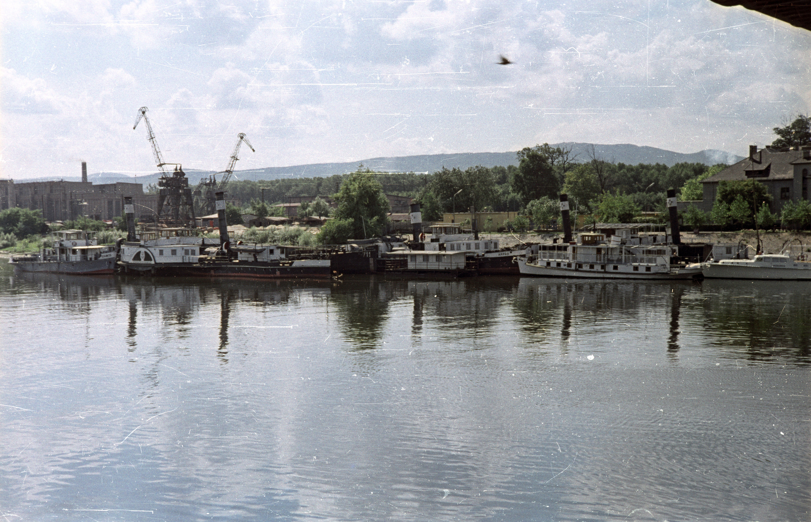 Hungary, Budapest XIII., Újpesti-öböl, szemben a Népszigeten a Magyar Hajó- és Darugyár Angyalföldi Gyáregysége., 1963, Horváth Miklós dr, Budapest, shipbuilding industry, crane, 15 March ship, Vörös Csillag/II. Lajos ship, colorful, M. 10./Szamos ship, Árpád/Fritz ship, Érsekcsanád ship, Fortepan #129523