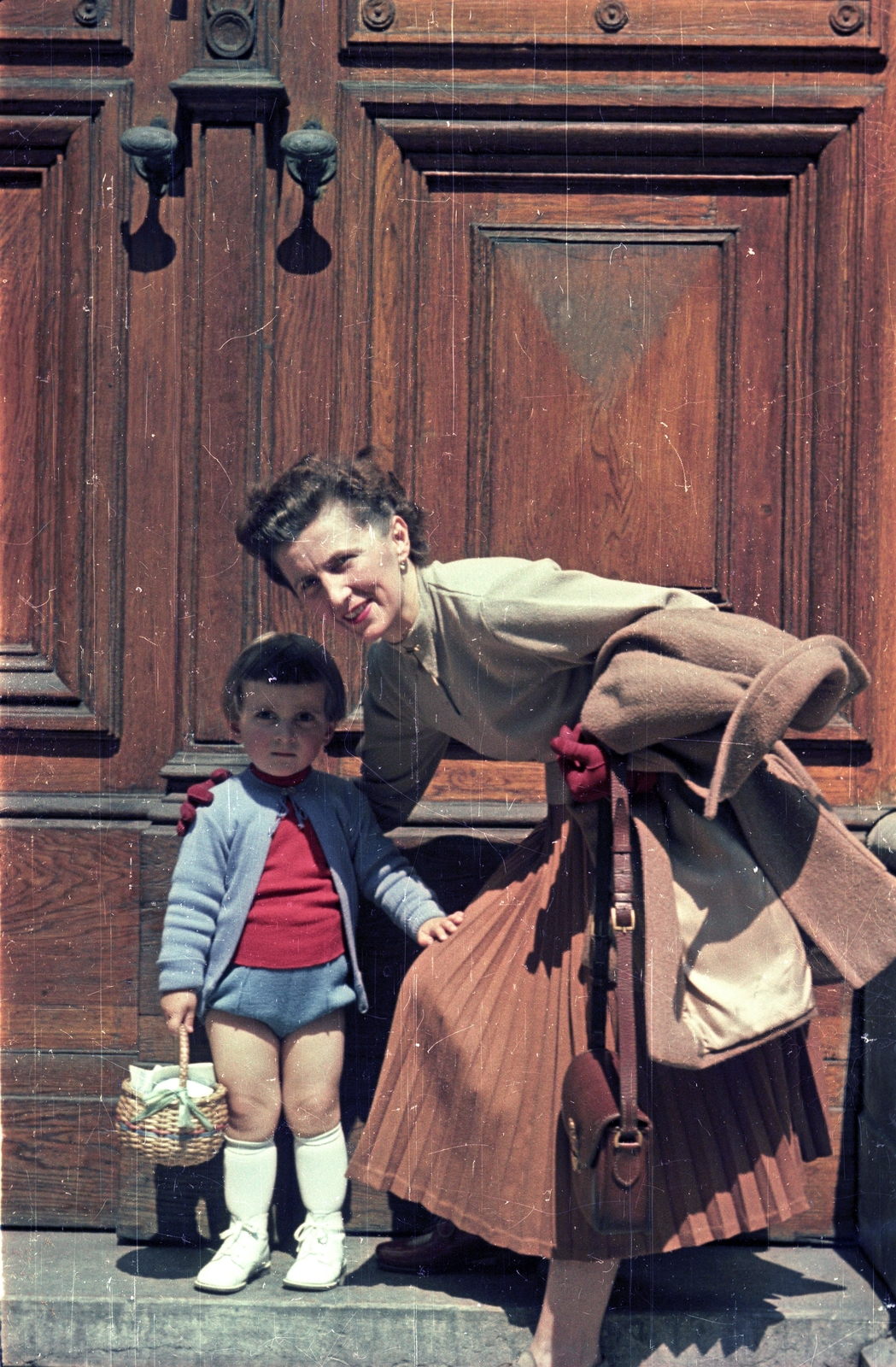 1952, Horváth Miklós dr, colorful, kid, basket, pleated skirt, handbag, double portrait, lady, Fortepan #129545