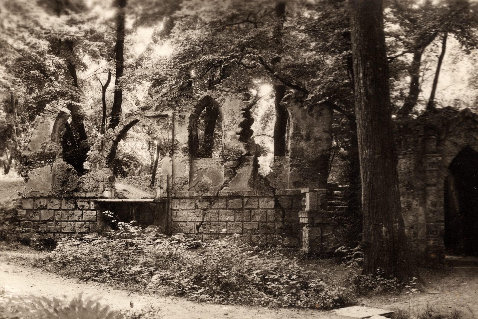 Hungary, Tata, Esterházy család angolkertje, a Vértesszentkereszti apátság maradványainak felhasználásával készült műromok., 1912, Ladinek Viktor, ruins, pointed arch, Charles de Moreau-design, Fortepan #129866
