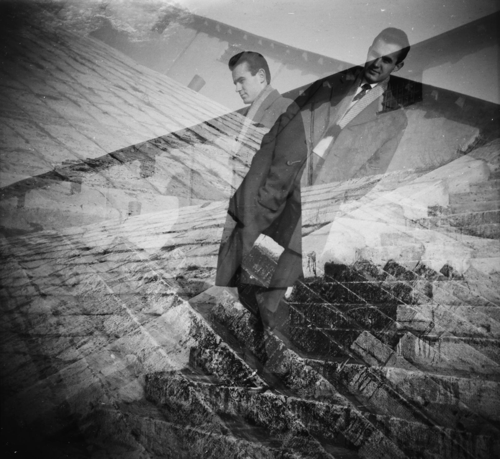 Hungary, Budapest XIII., Újpesti rakpart a Pozsonyi úti református templom környékén. (rontott kép), 1960, Ladinek Viktor, Budapest, double exposure, erroneous photo, stairs, Fortepan #129904