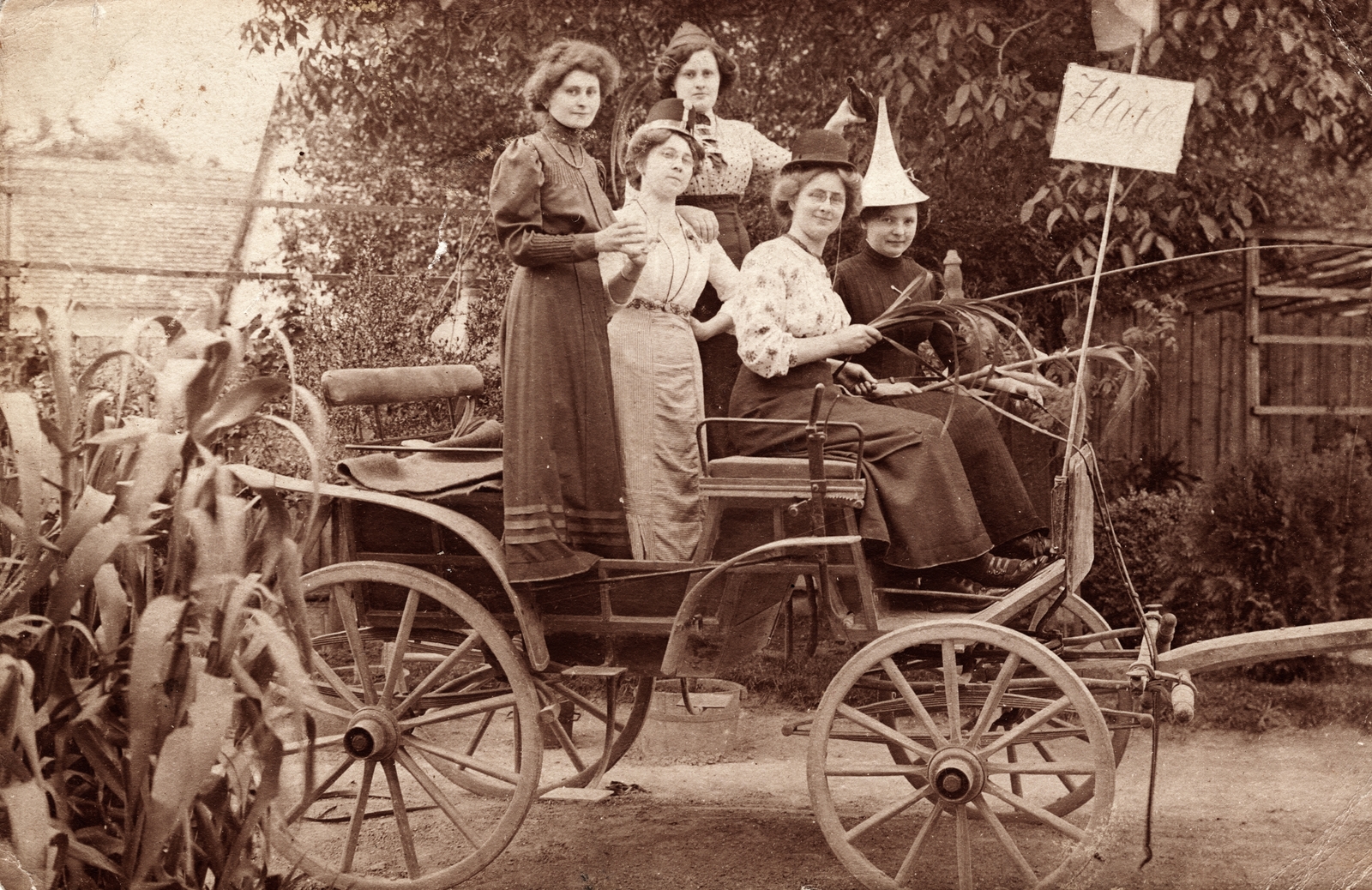 1918, Ladinek Viktor, lovaskocsi, kalap, felirat, cross-dressing, lányok-járművek, Fortepan #129957