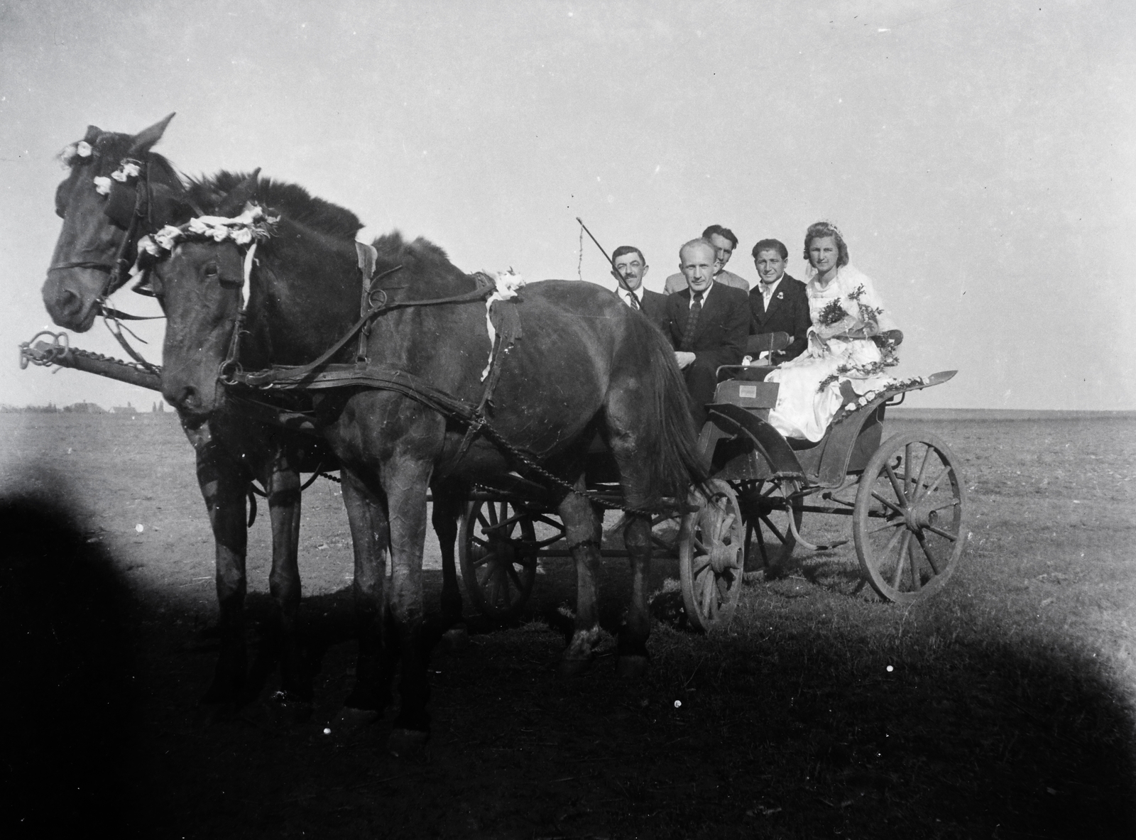 1946, Fortepan/Album016, csoportkép, lovaskocsi, rét, ló, vőlegény, menyasszony, Fortepan #130025