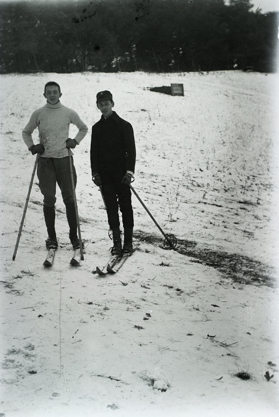 1925, Jánossy Virág, Háberl Aladár, boys, skiing, Fortepan #130390