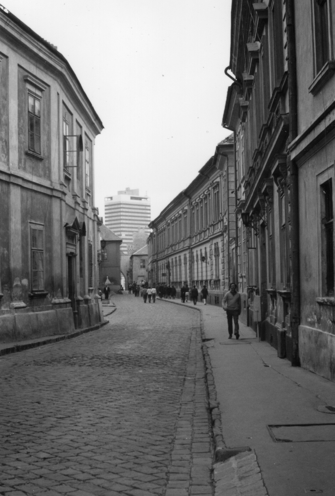 Magyarország, Veszprém, Vár (Tolbuhin) utca, háttérben a húszemeletes toronyház., 1976, Bokor András, Fortepan #130861