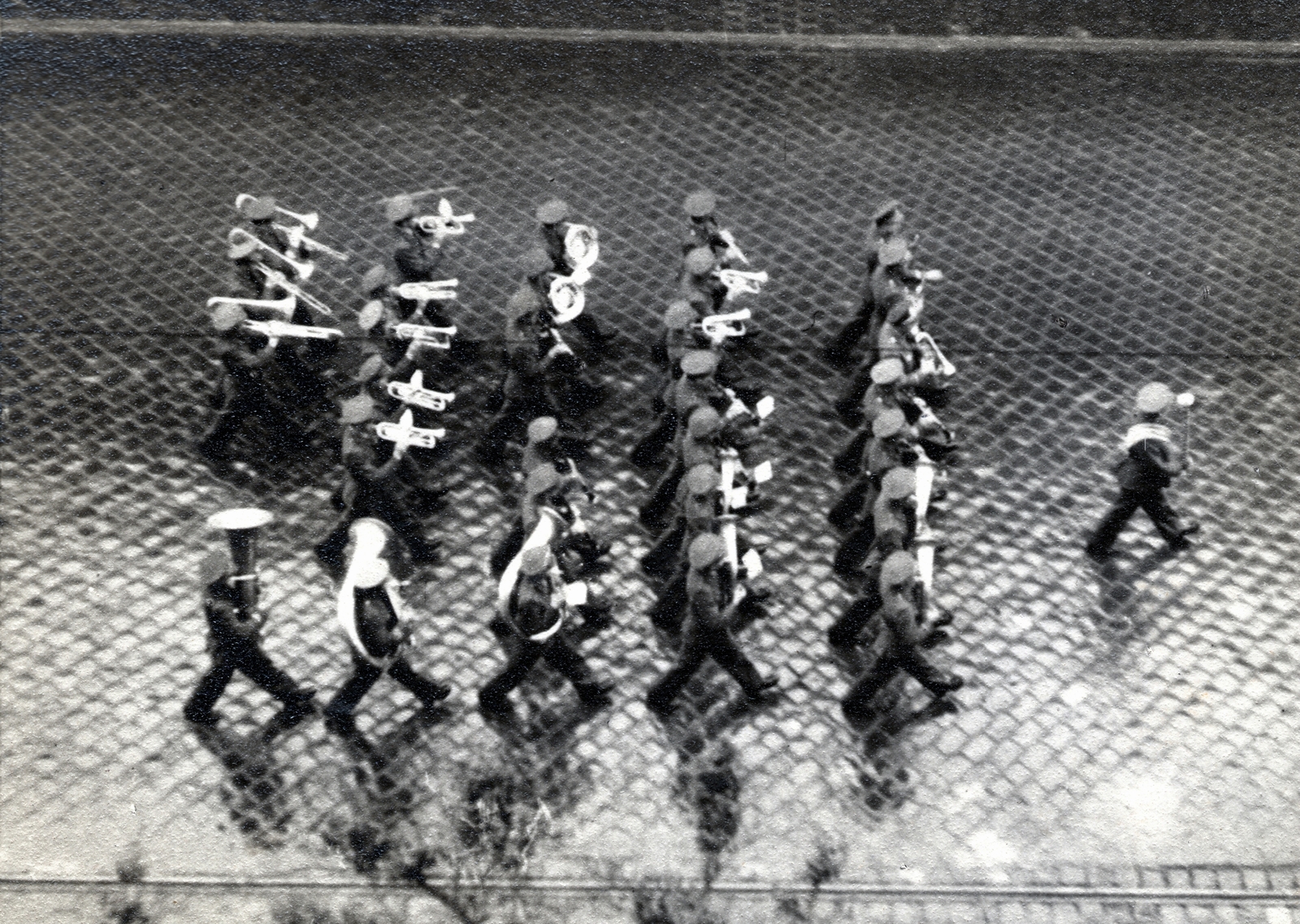 Hungary, Budapest VIII., József körút a Baross utca sarkán álló házból nézve., 1941, Marics Zoltán, Budapest, bird's eye view, cobblestones, military band, wind band, Fortepan #131240