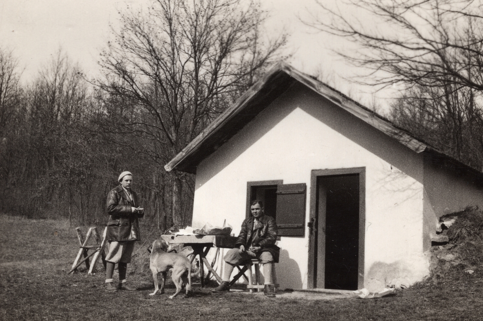 1932, Palotai Klára, relaxation, dog, rest area, breech, house, men, Fortepan #131803