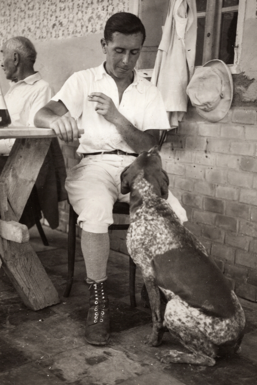 1932, Palotai Klára, dog, hat, table, breech, men, chair, Fortepan #131814