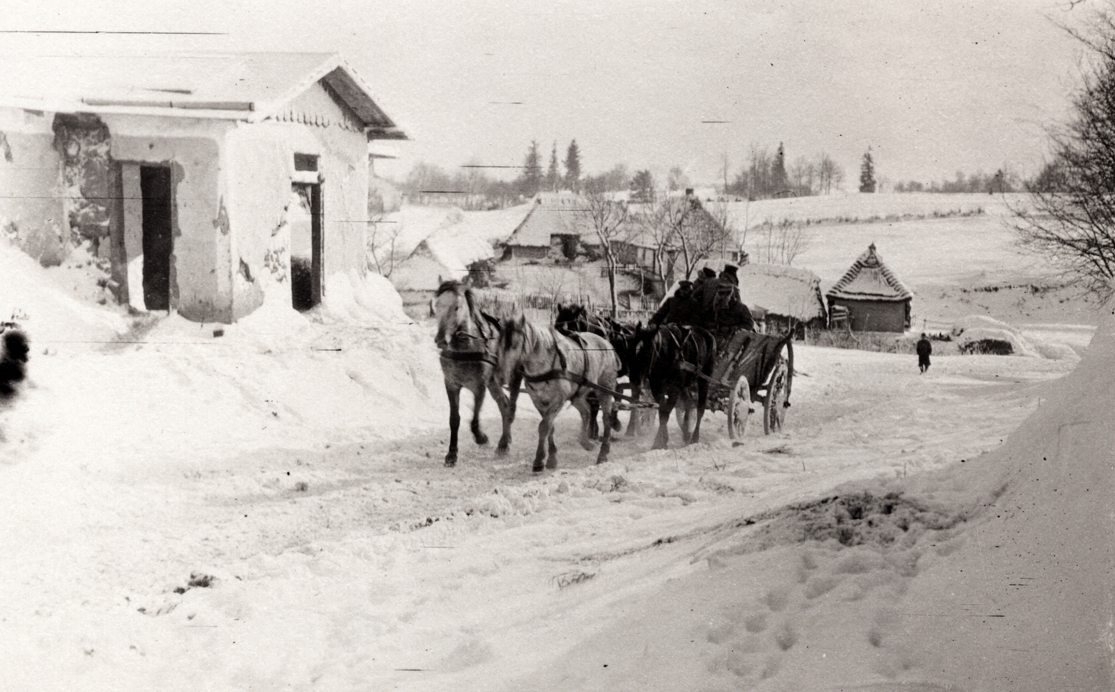 1917, Palotai Klára, First World War, snow, horse, chariot, coach, Fortepan #131843