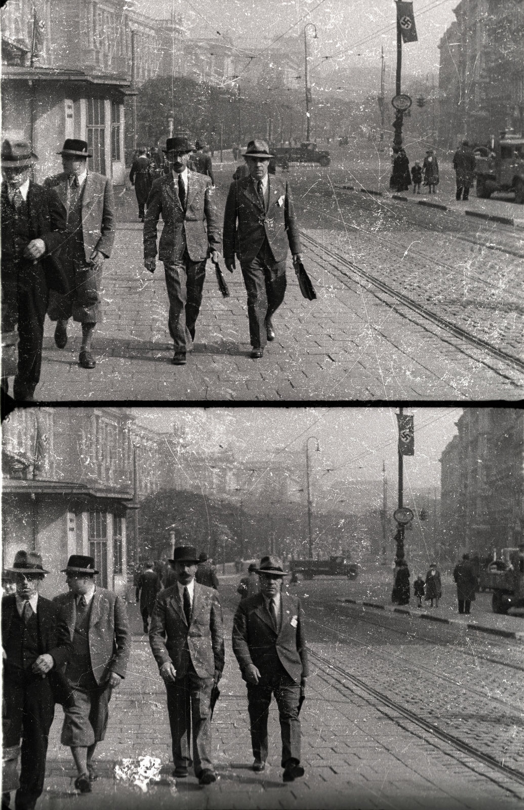 Austria, Vienna, Mariahilfer Strasse, a kereszteződésnél balra a Museumsplatz, jobbra a Getreidemarkt. Szemben a Babenbergerstraße, ott balra a Kunsthistorisches Museum, majd távolabb a Neue Hofburg., 1939, Jánossy Virág, Háberl Aladár, swastica, Fortepan #132047