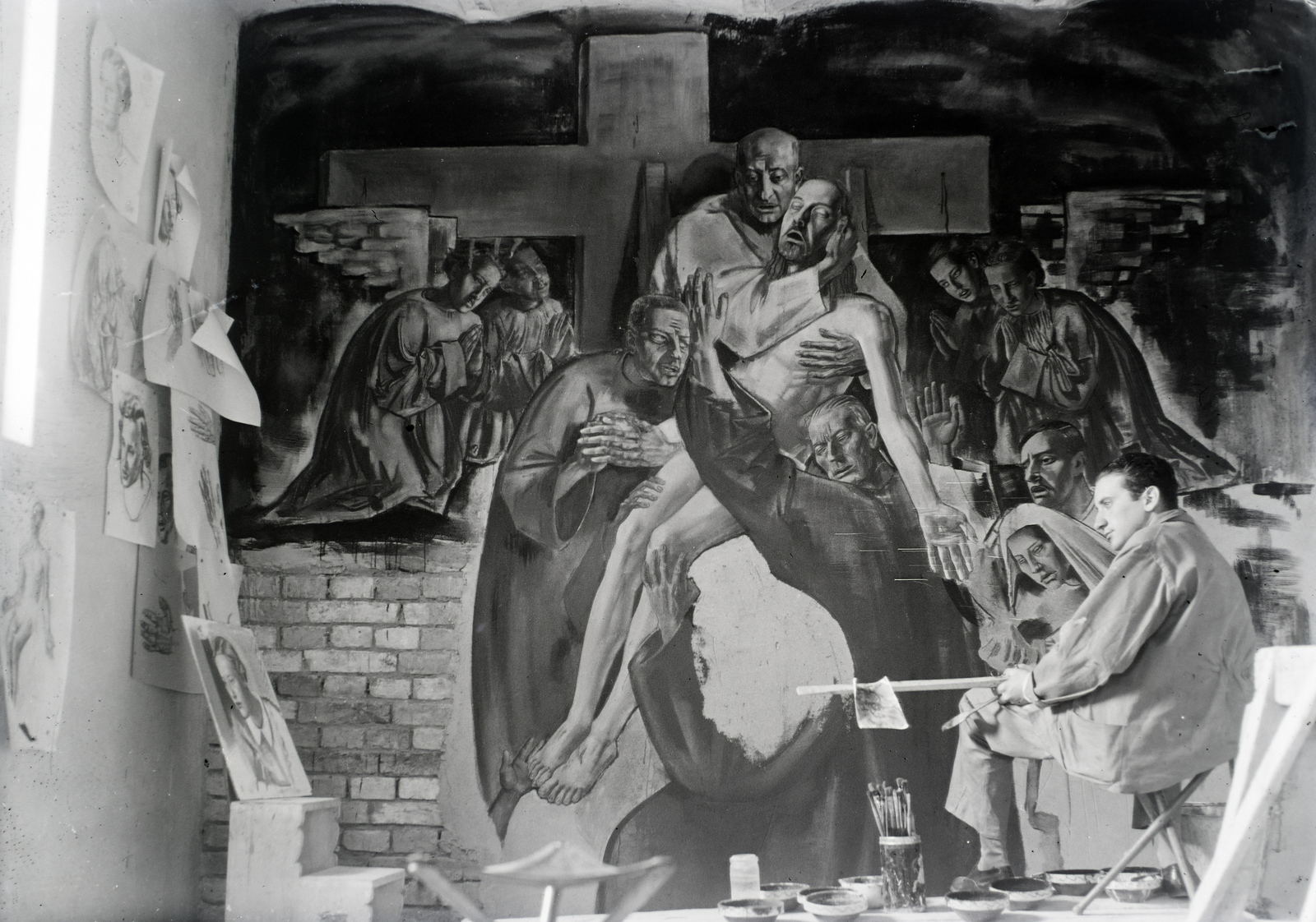 Hungary, Vinkler László festőművész faliképfestés közben., 1938, Vinkler Zsuzsi, painter, Fortepan #133612