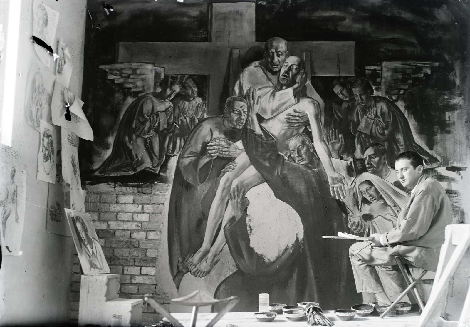 Hungary, Vinkler László festőművész faliképfestés közben., 1938, Vinkler Zsuzsi, fresco, Fortepan #133614