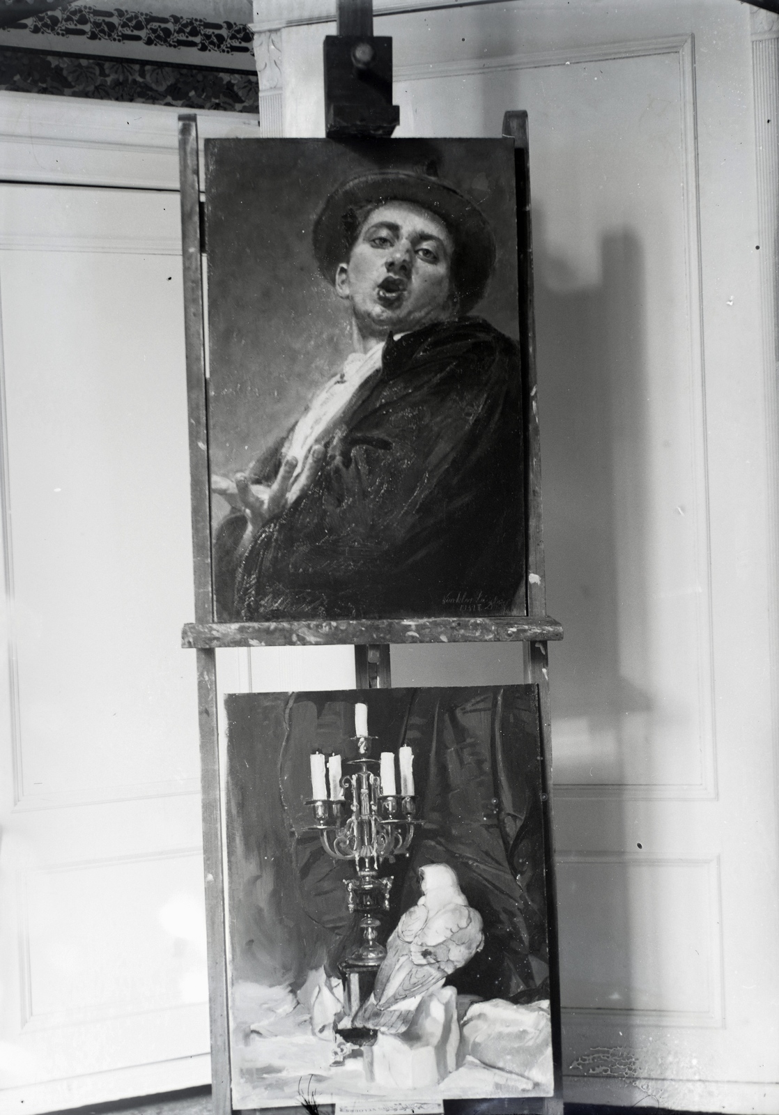 Hungary, Szeged, Vinkler László festőművész alkotásai a Gogol (Polgár) utca 2. szám alatti műtermében., 1940, Vinkler Zsuzsi, painting, candlestick, easel, studio, Fortepan #133624