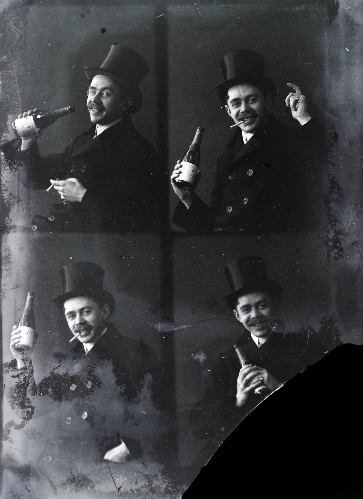 1914, Vinkler Zsuzsi, portrait, jesting, drinking, top hat, picture in picture, Fortepan #133663