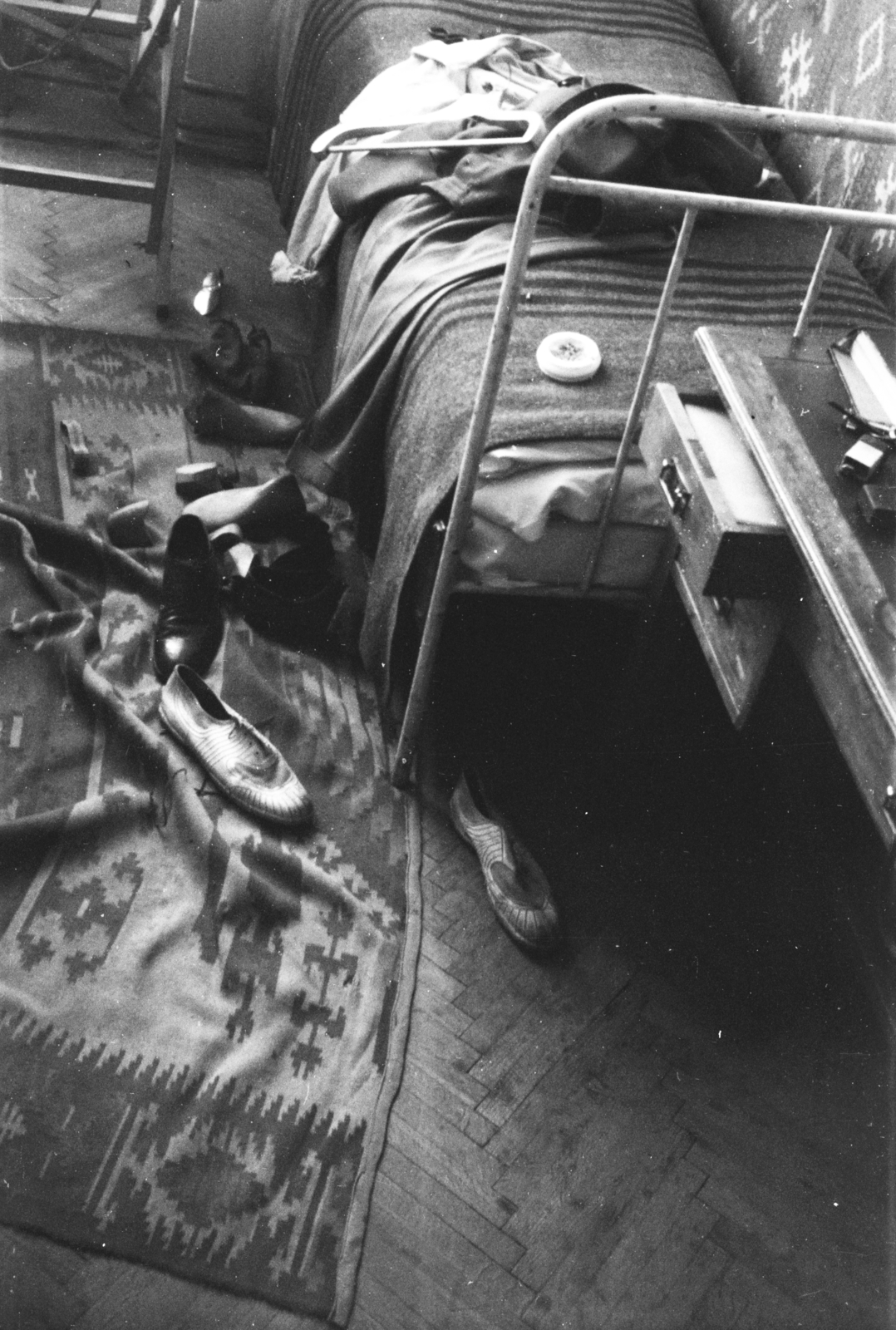 1960, Chuckyeager tumblr, shoe, carpet, iron bed, Fortepan #133841