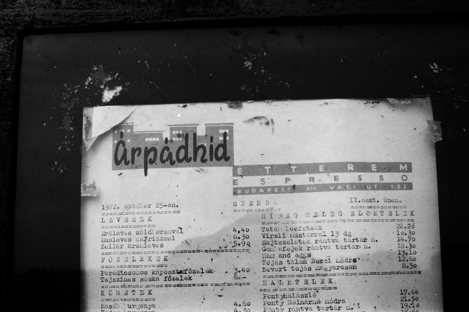 Hungary, Budapest XIII., Váci út 132., az Árpád-híd étterem étlapja., 1972, Chuckyeager tumblr, Budapest, Fortepan #134230