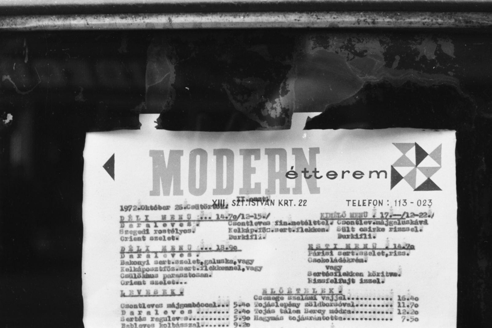Hungary, Budapest V.,Budapest XIII., Szent István körút 22., a Modern étterem étlapja., 1972, Chuckyeager tumblr, Budapest, Fortepan #134233