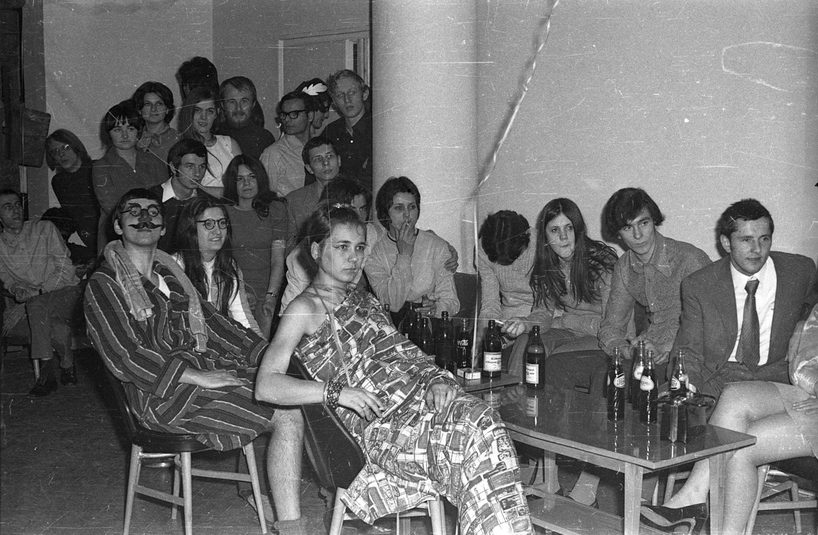 1972, Bercsényi Kollégium Fotókör, youth, beer bottle, refreshments, fake moustache, Fortepan #134413